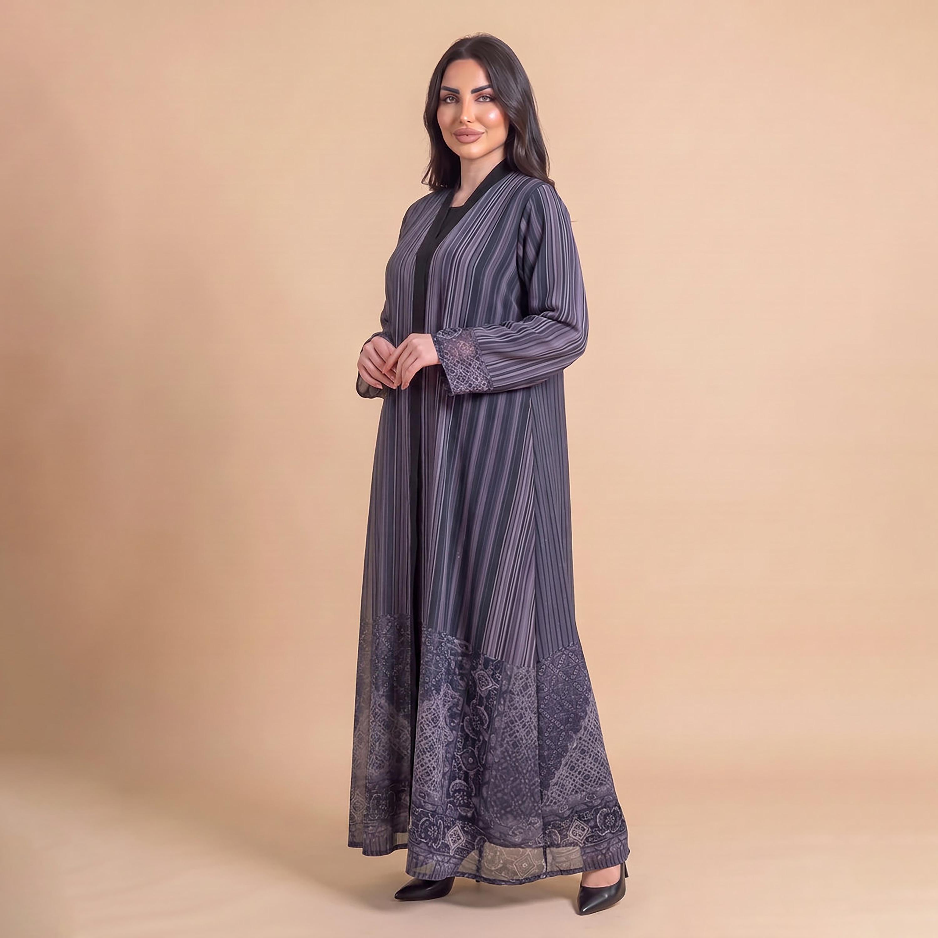 Elegant Hijab Grey Striped Chiffon Women's Abaya with Hijab-women-arabicclothing-abayas-image-3