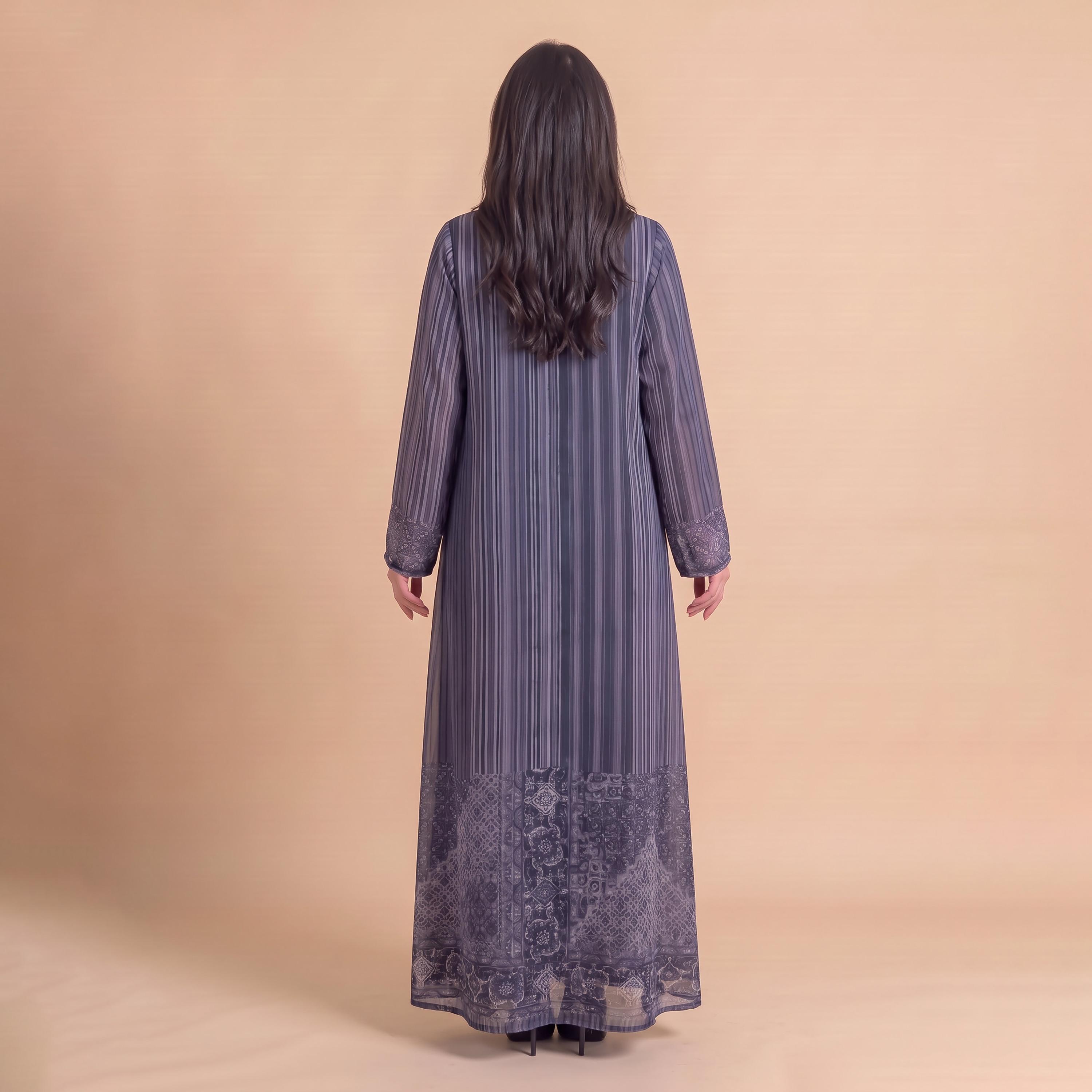 Elegant Hijab Grey Striped Chiffon Women's Abaya with Hijab-women-arabicclothing-abayas-image-5