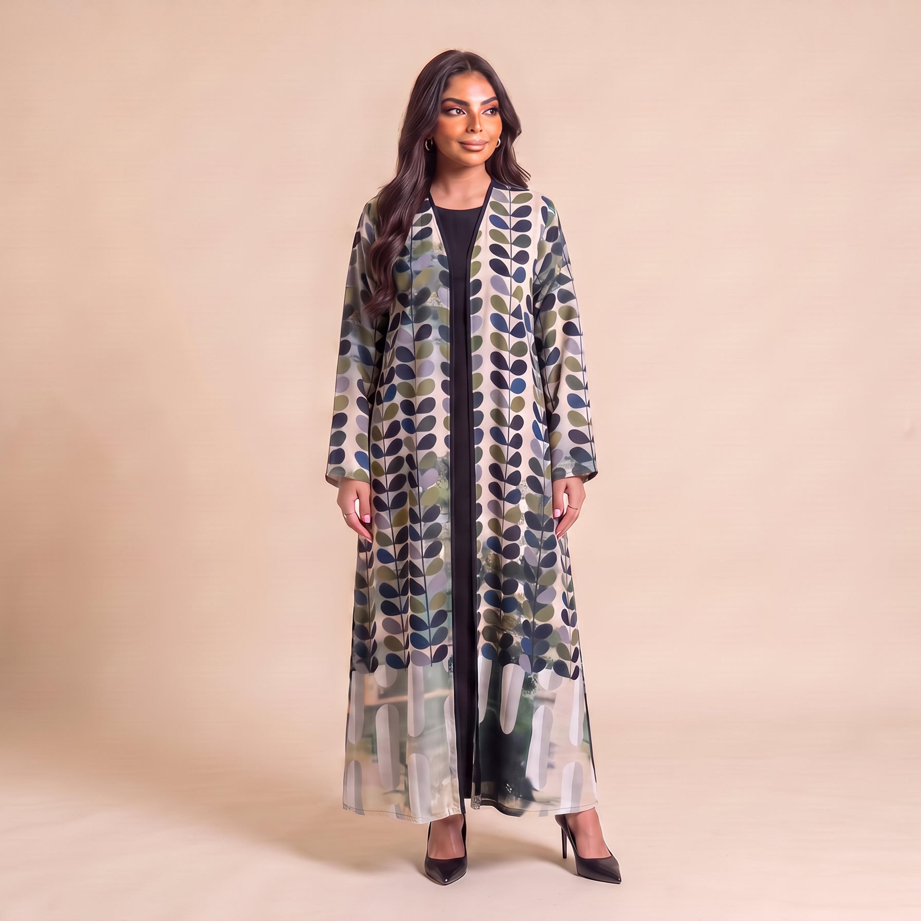 Elegant Hijab Multicolor Abstract Leaf Print Chiffon Women's Abaya with Hijab-women-arabicclothing-abayas-image-1