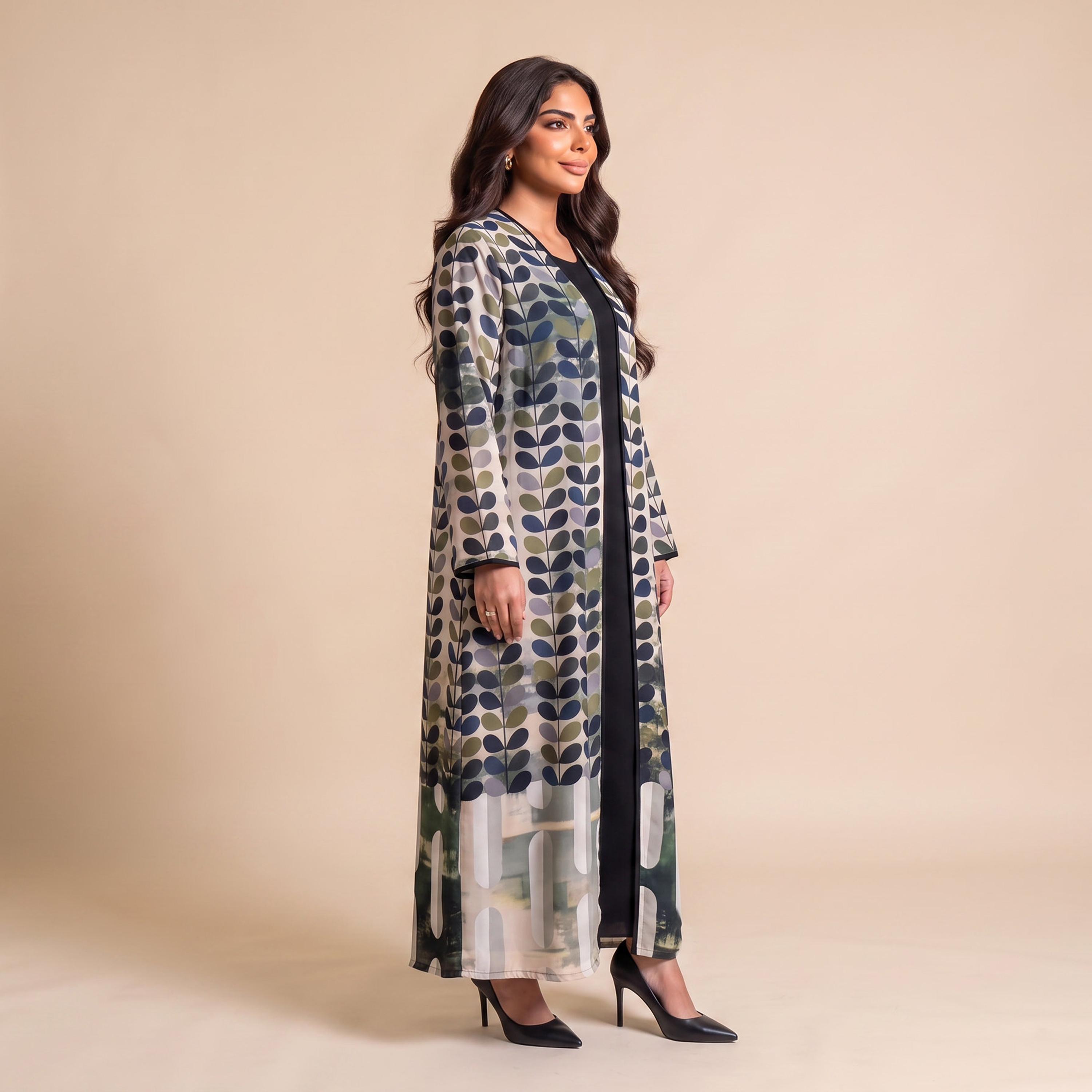 Elegant Hijab Multicolor Abstract Leaf Print Chiffon Women's Abaya with Hijab-women-arabicclothing-abayas-image-2