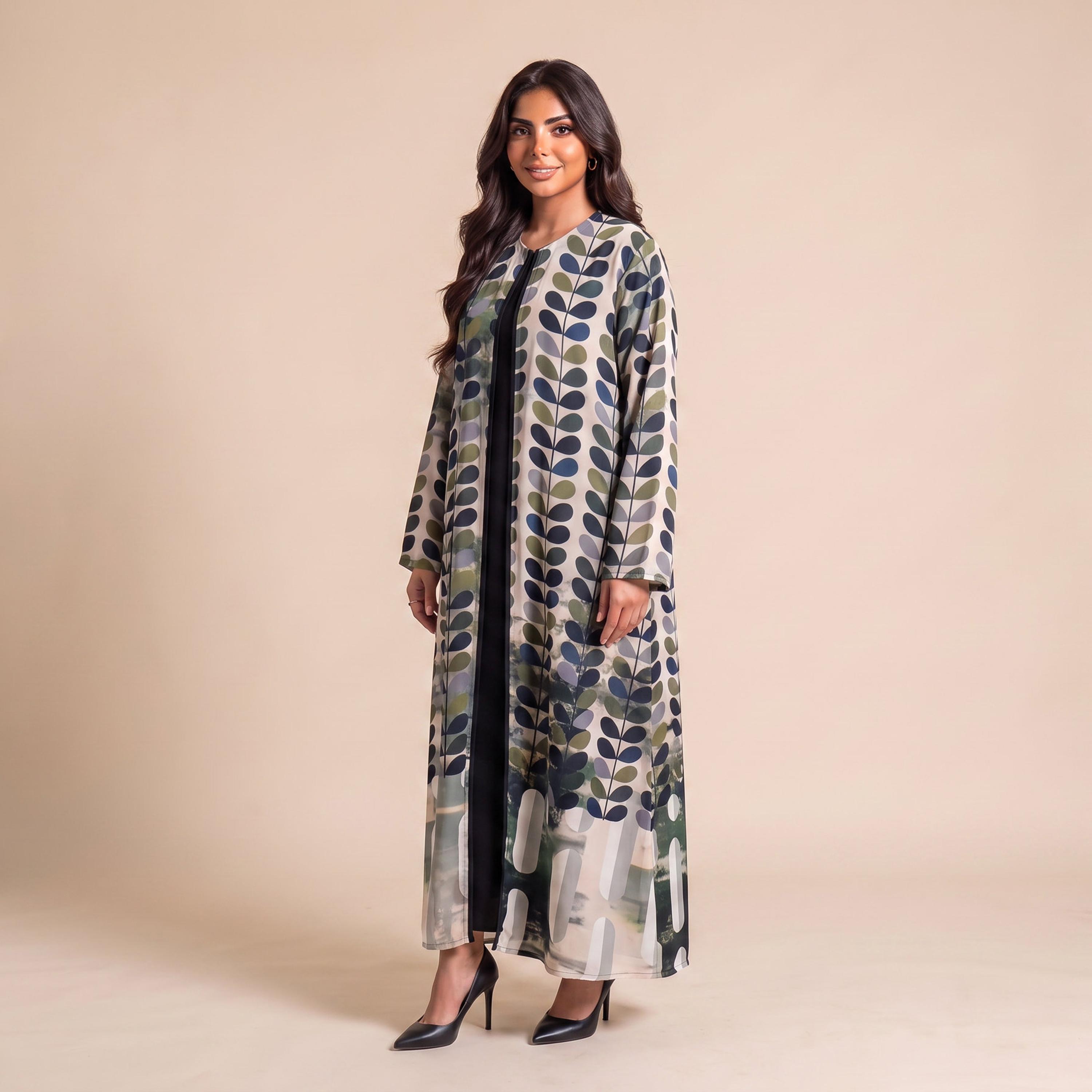 Elegant Hijab Multicolor Abstract Leaf Print Chiffon Women's Abaya with Hijab-women-arabicclothing-abayas-image-3