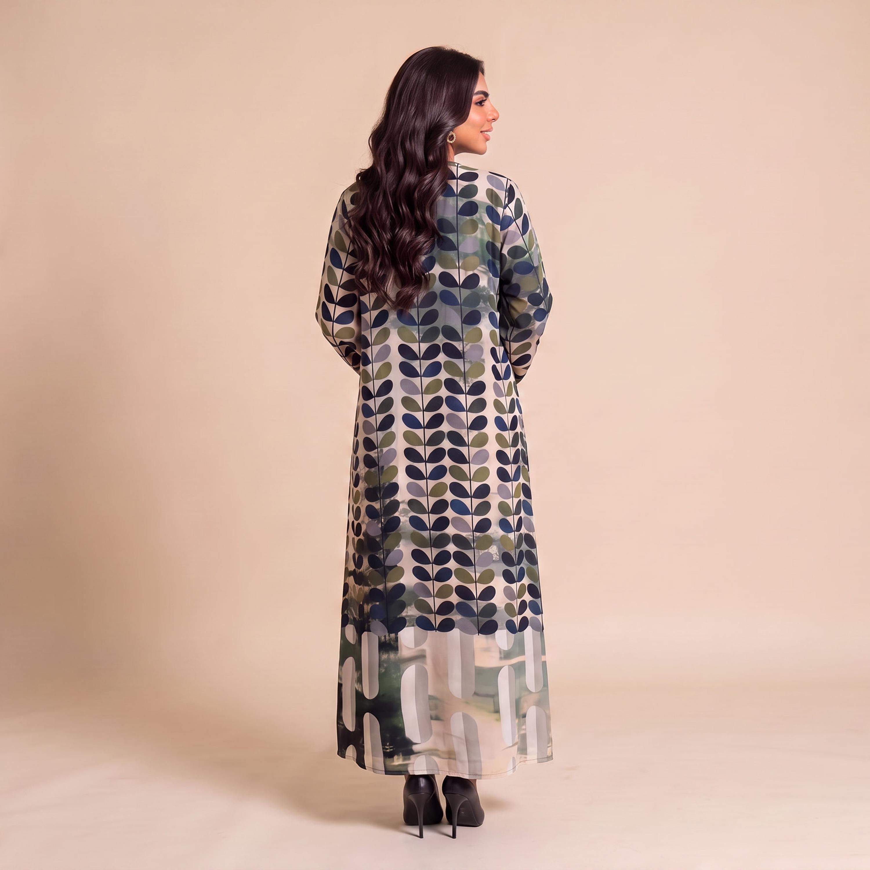 Elegant Hijab Multicolor Abstract Leaf Print Chiffon Women's Abaya with Hijab-women-arabicclothing-abayas-image-4
