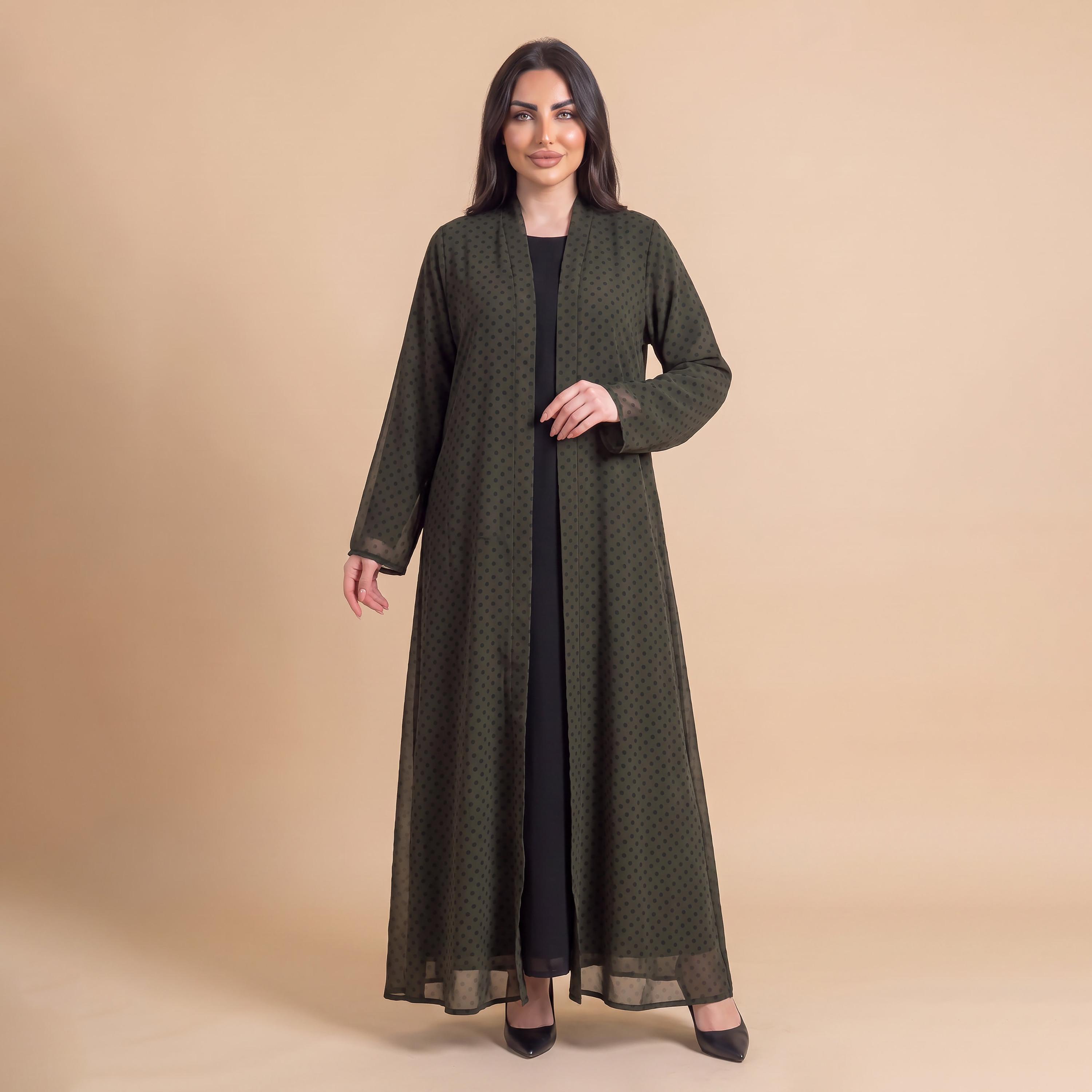 Elegant Hijab Olive Polka Dot Chiffon Women's Abaya with Hijab-women-arabicclothing-abayas-image-1