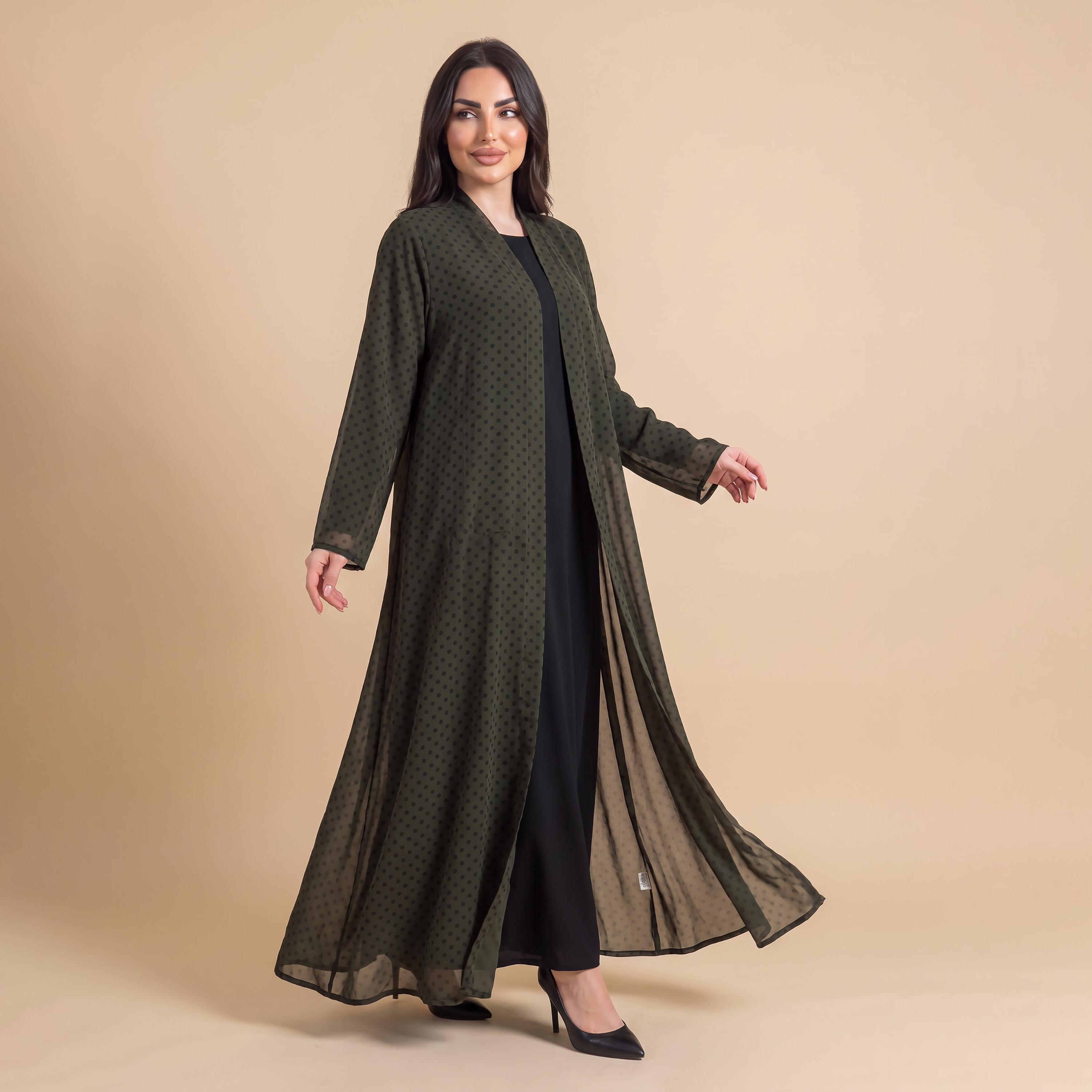 Elegant Hijab Olive Polka Dot Chiffon Women's Abaya with Hijab-women-arabicclothing-abayas-image-2