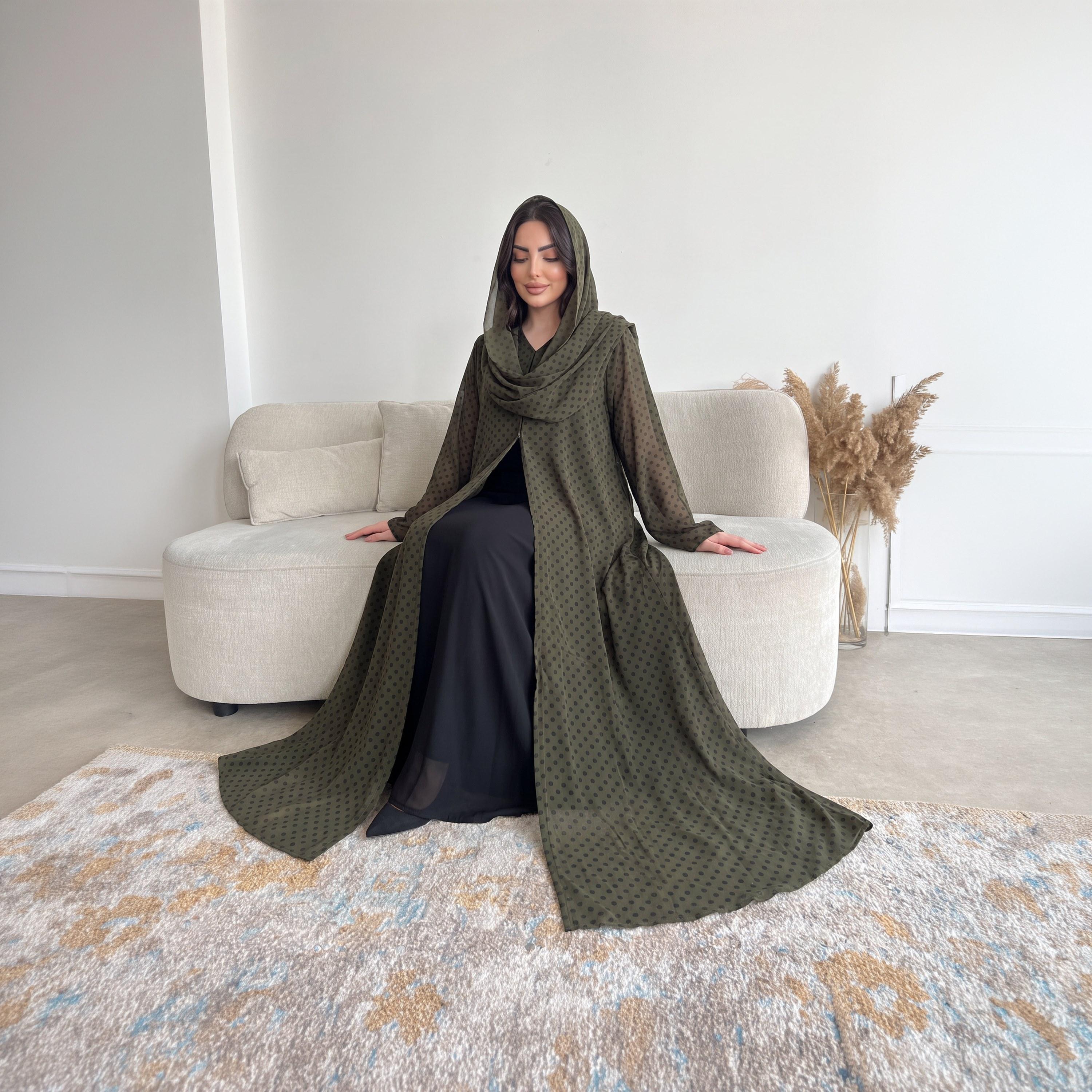 Elegant Hijab Olive Polka Dot Chiffon Women's Abaya with Hijab-women-arabicclothing-abayas-image-3