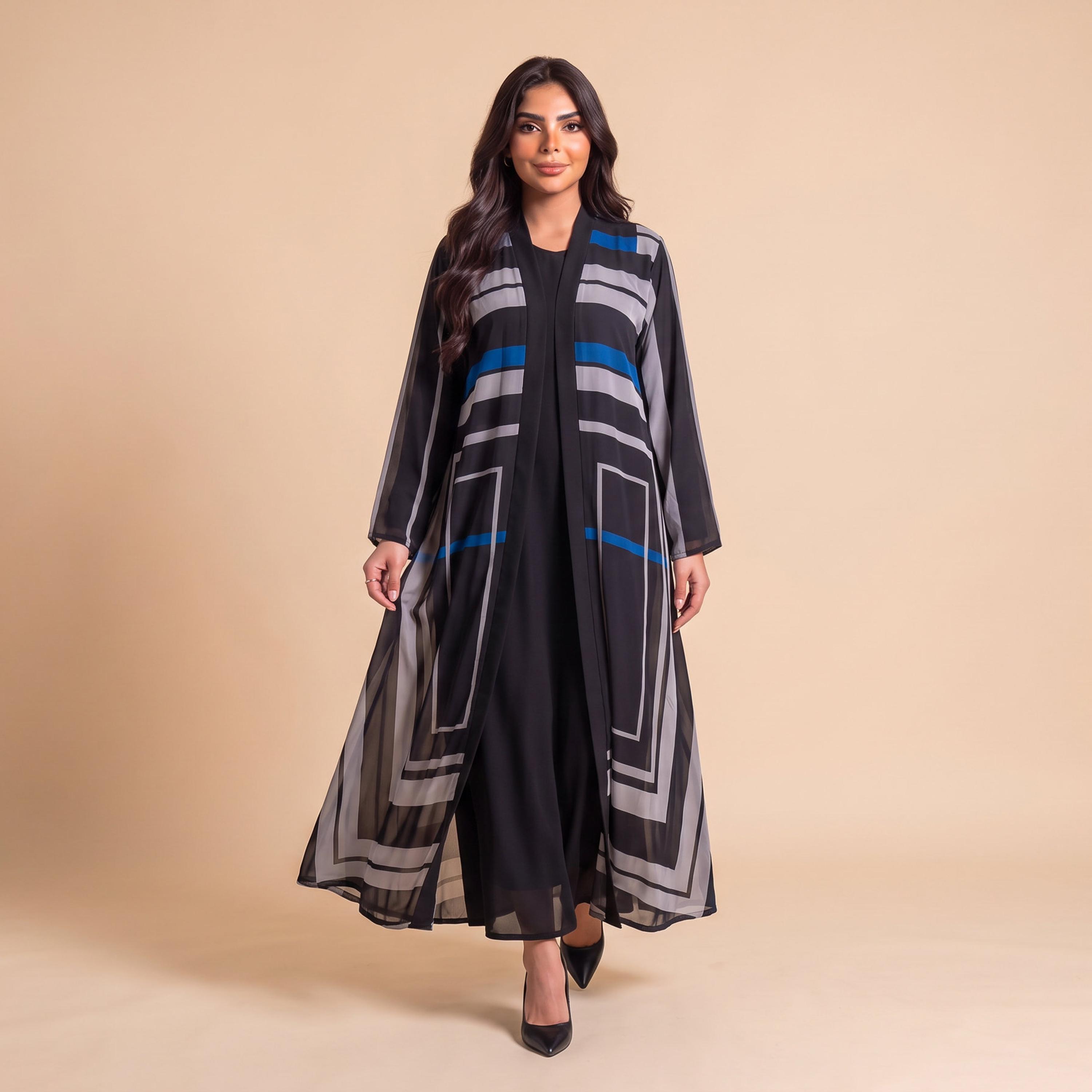 عباية نسائية من إيليغانت حجاب باللون الأسود بطبعة هندسية من الشيفون مع حجاب-women-arabicclothing-abayas-image-1