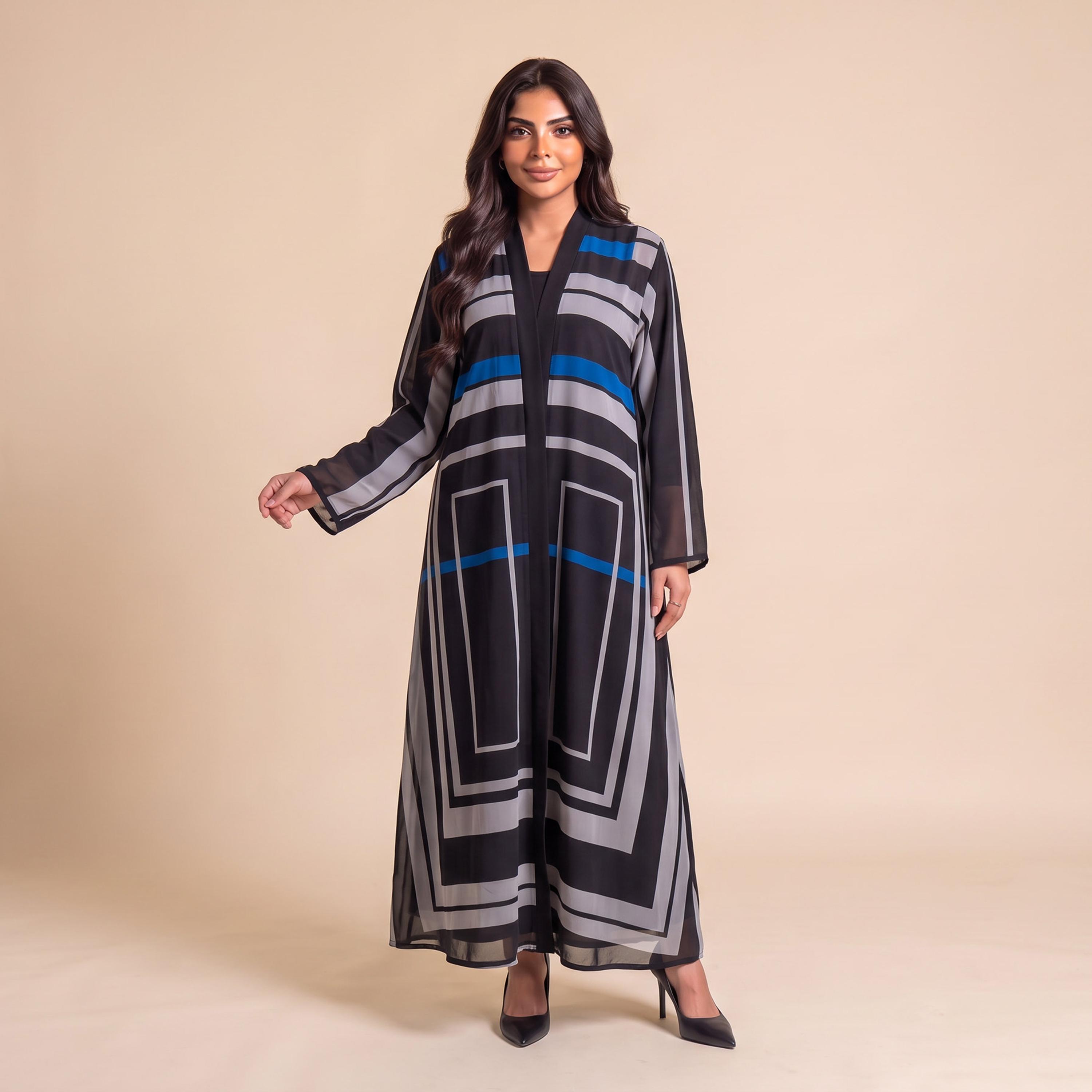 عباية نسائية من إيليغانت حجاب باللون الأسود بطبعة هندسية من الشيفون مع حجاب-women-arabicclothing-abayas-image-2
