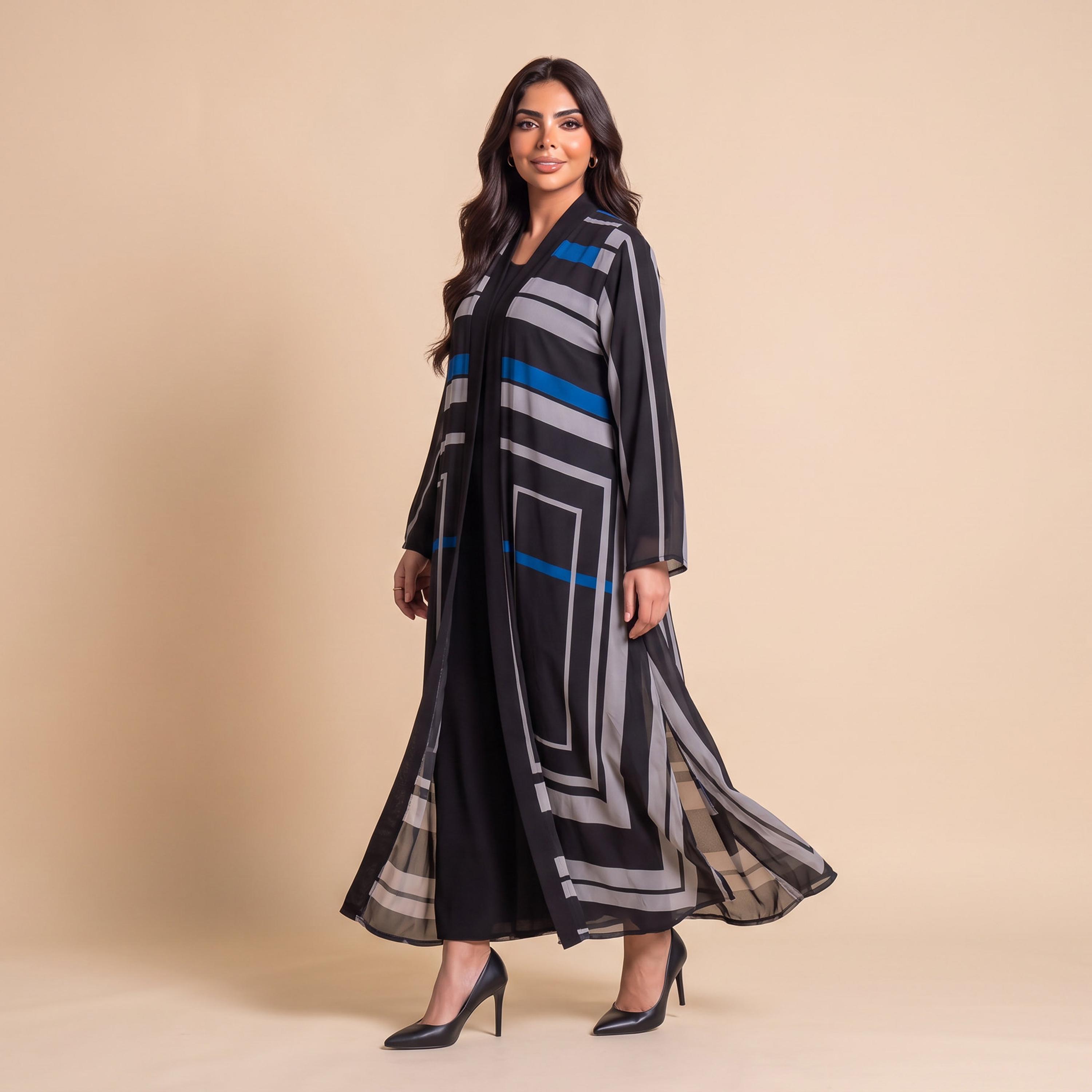 عباية نسائية من إيليغانت حجاب باللون الأسود بطبعة هندسية من الشيفون مع حجاب-women-arabicclothing-abayas-image-3
