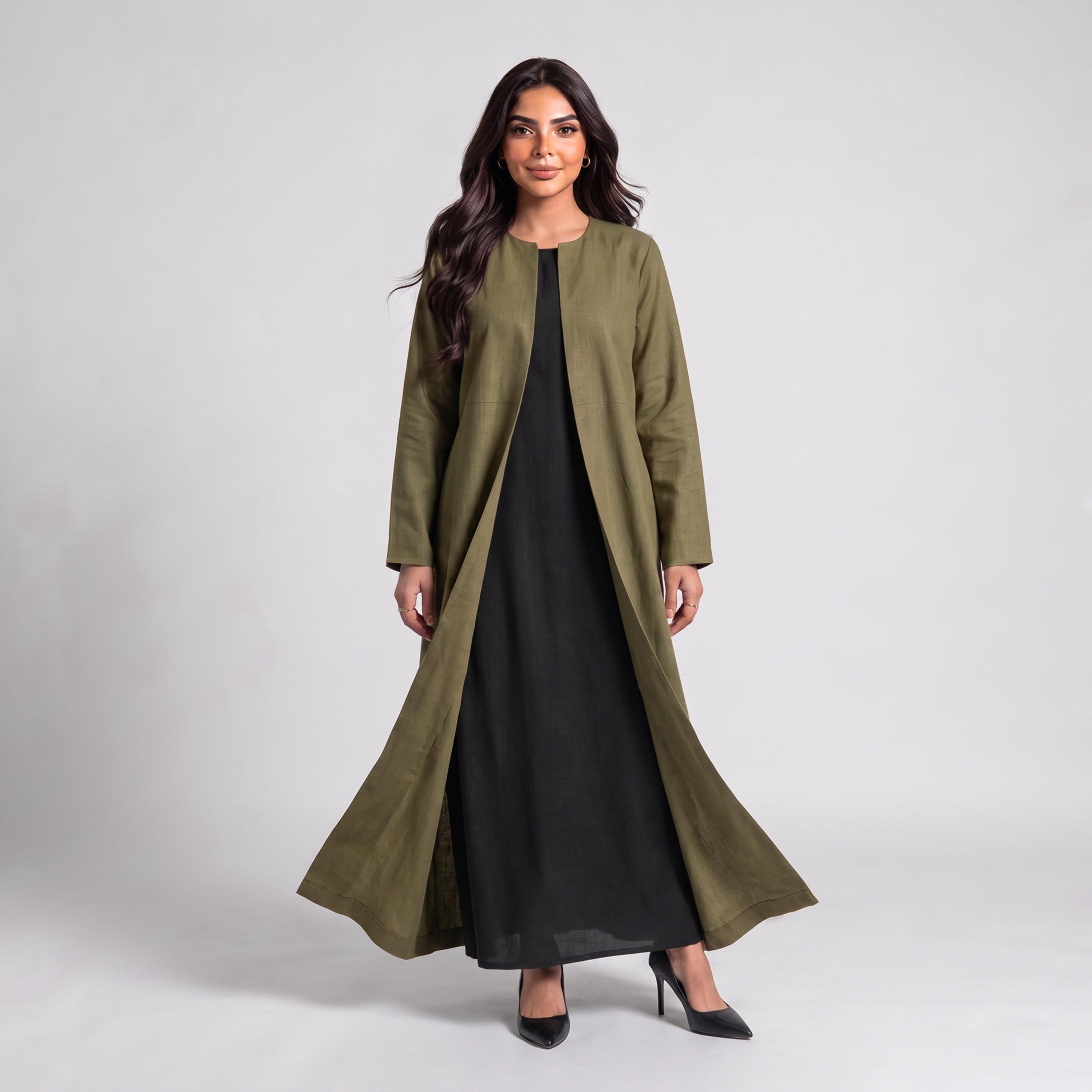 عباية نسائية من إيليغانت حجاب باللون الزيتي من الكتان مع حجاب-women-arabicclothing-abayas-image-1