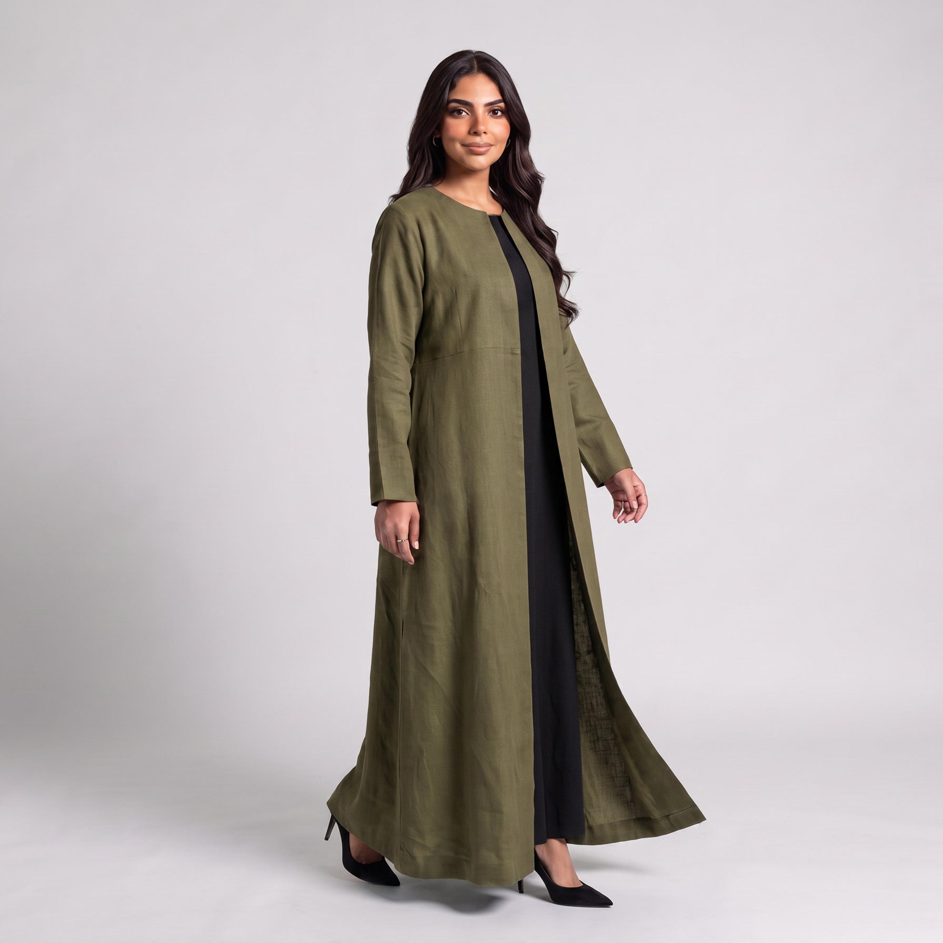 عباية نسائية من إيليغانت حجاب باللون الزيتي من الكتان مع حجاب-women-arabicclothing-abayas-image-2