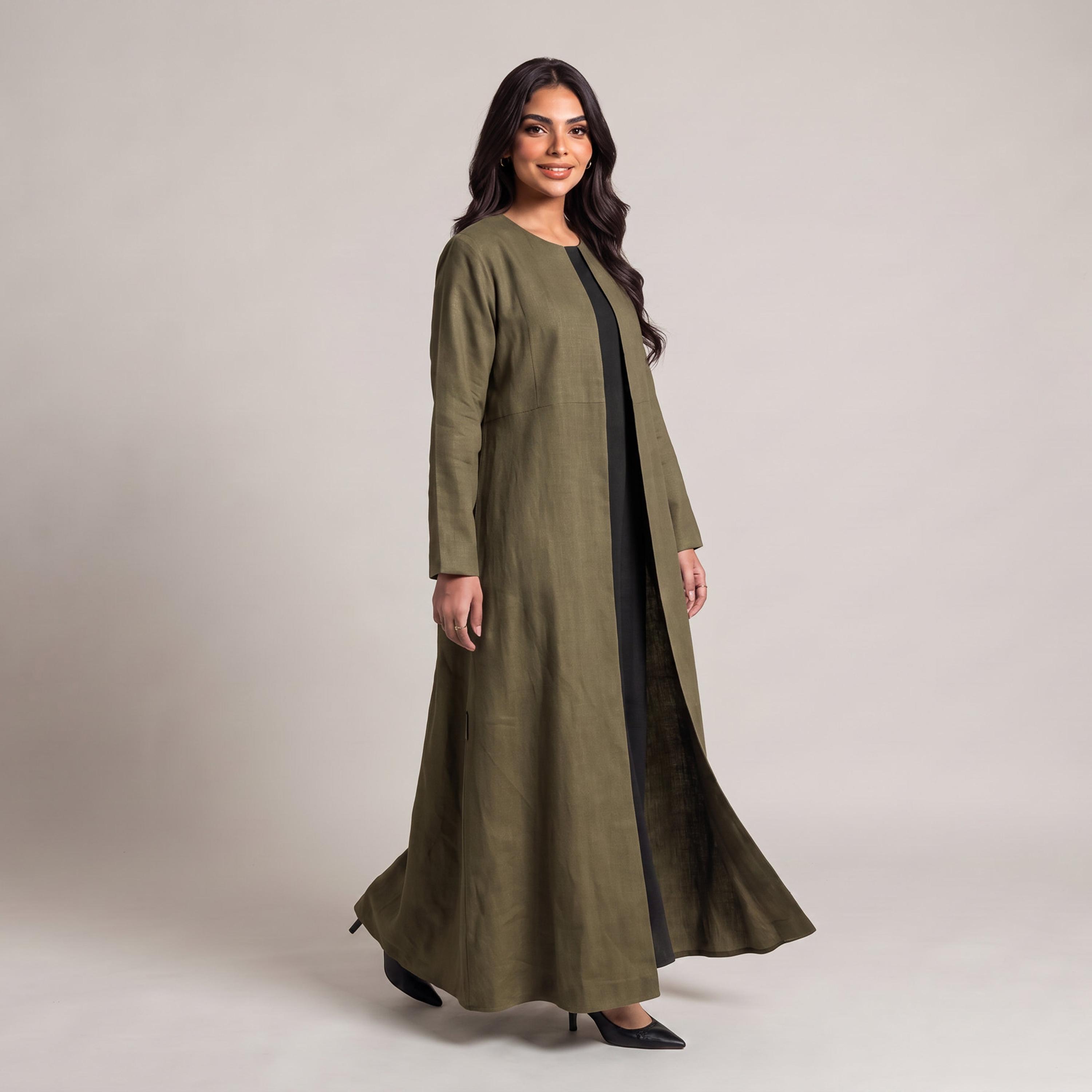 عباية نسائية من إيليغانت حجاب باللون الزيتي من الكتان مع حجاب-women-arabicclothing-abayas-image-3