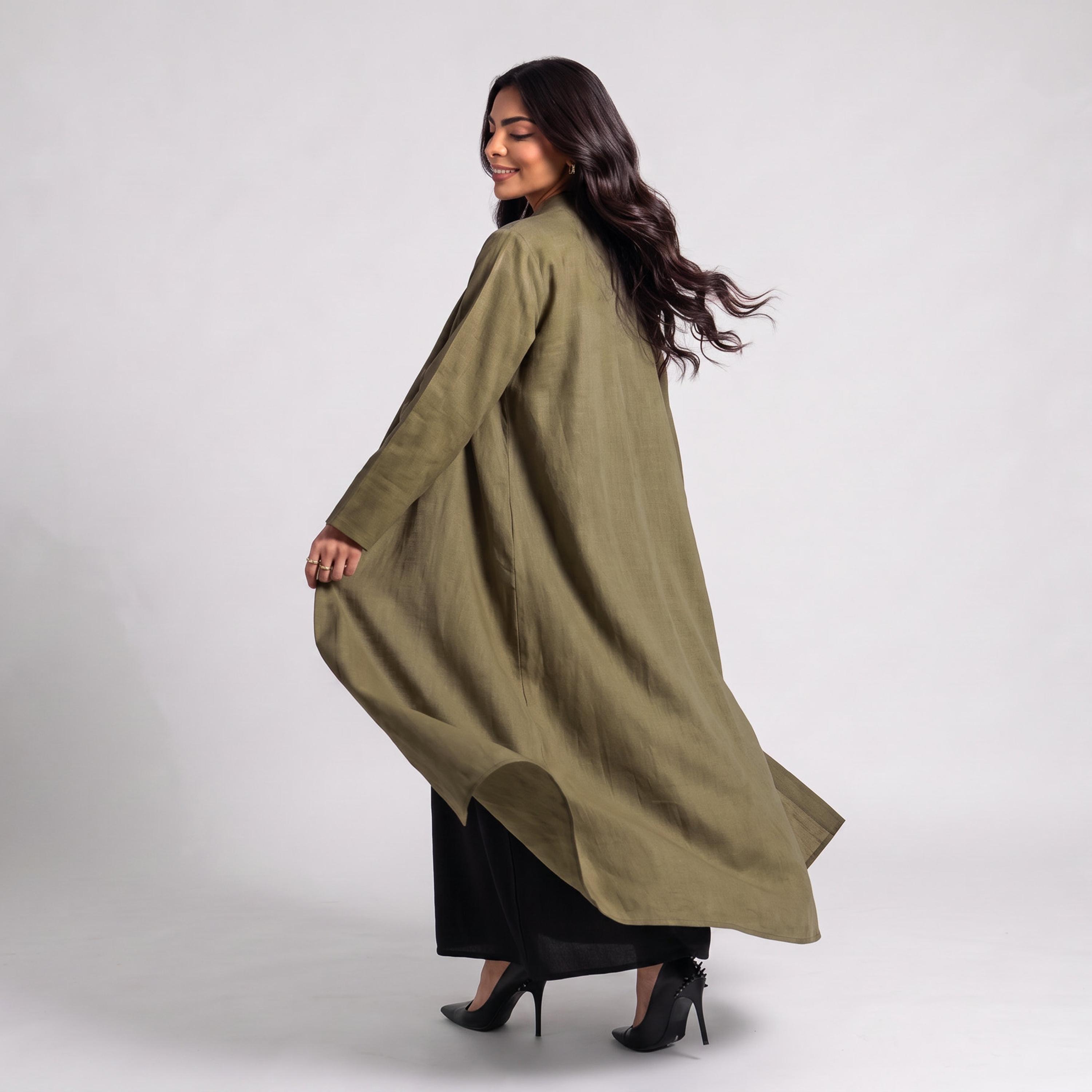 عباية نسائية من إيليغانت حجاب باللون الزيتي من الكتان مع حجاب-women-arabicclothing-abayas-image-4