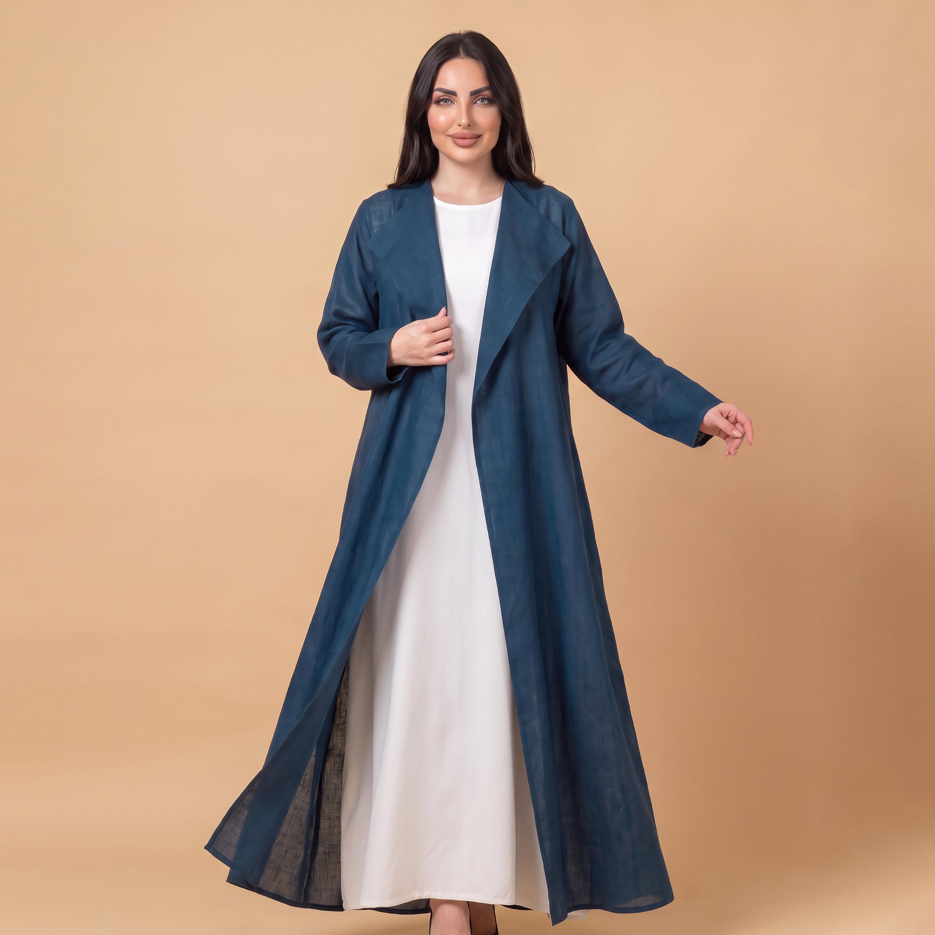 Elegant Hijab Blue Shawl Collar Linen Women's Abaya with Hijab-women-arabicclothing-abayas-image-1