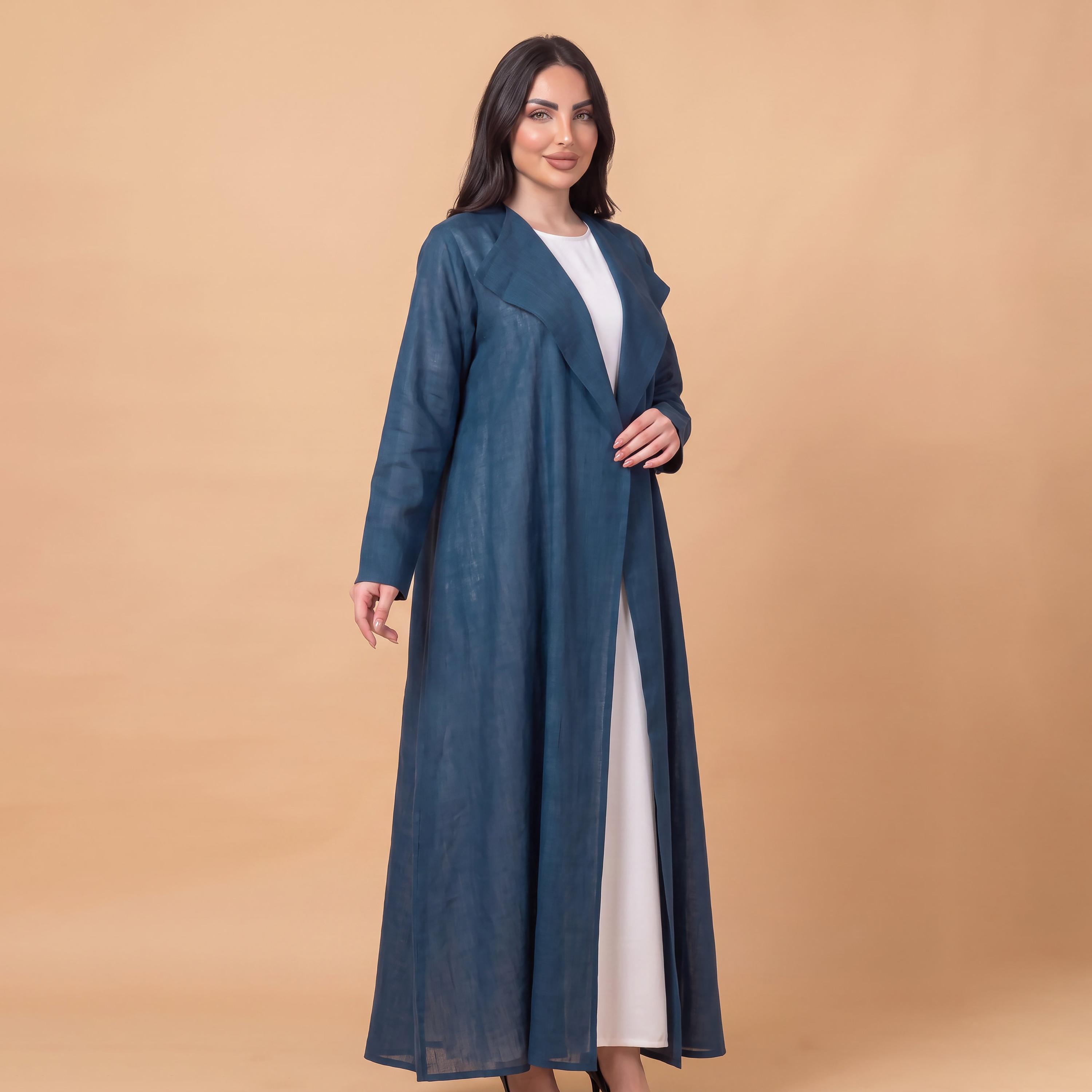Elegant Hijab Blue Shawl Collar Linen Women's Abaya with Hijab-women-arabicclothing-abayas-image-2