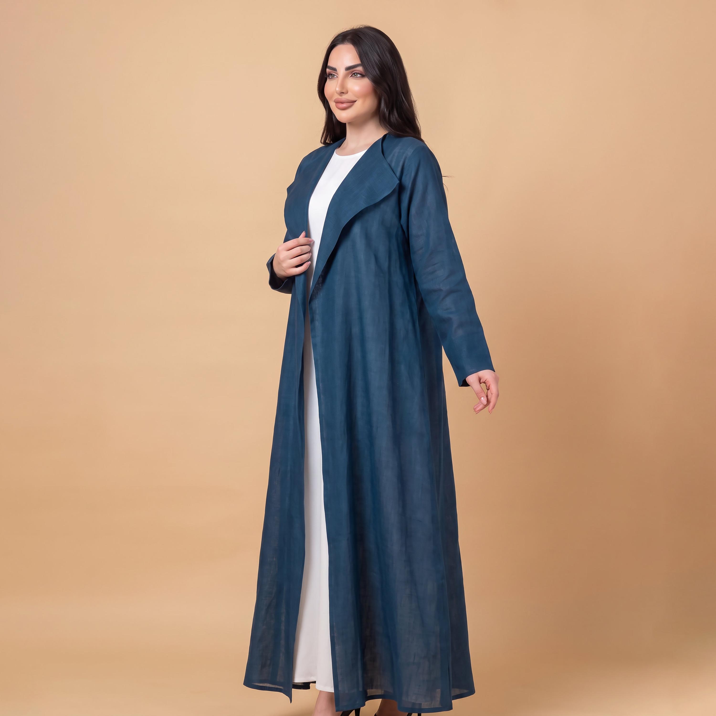 Elegant Hijab Blue Shawl Collar Linen Women's Abaya with Hijab-women-arabicclothing-abayas-image-3