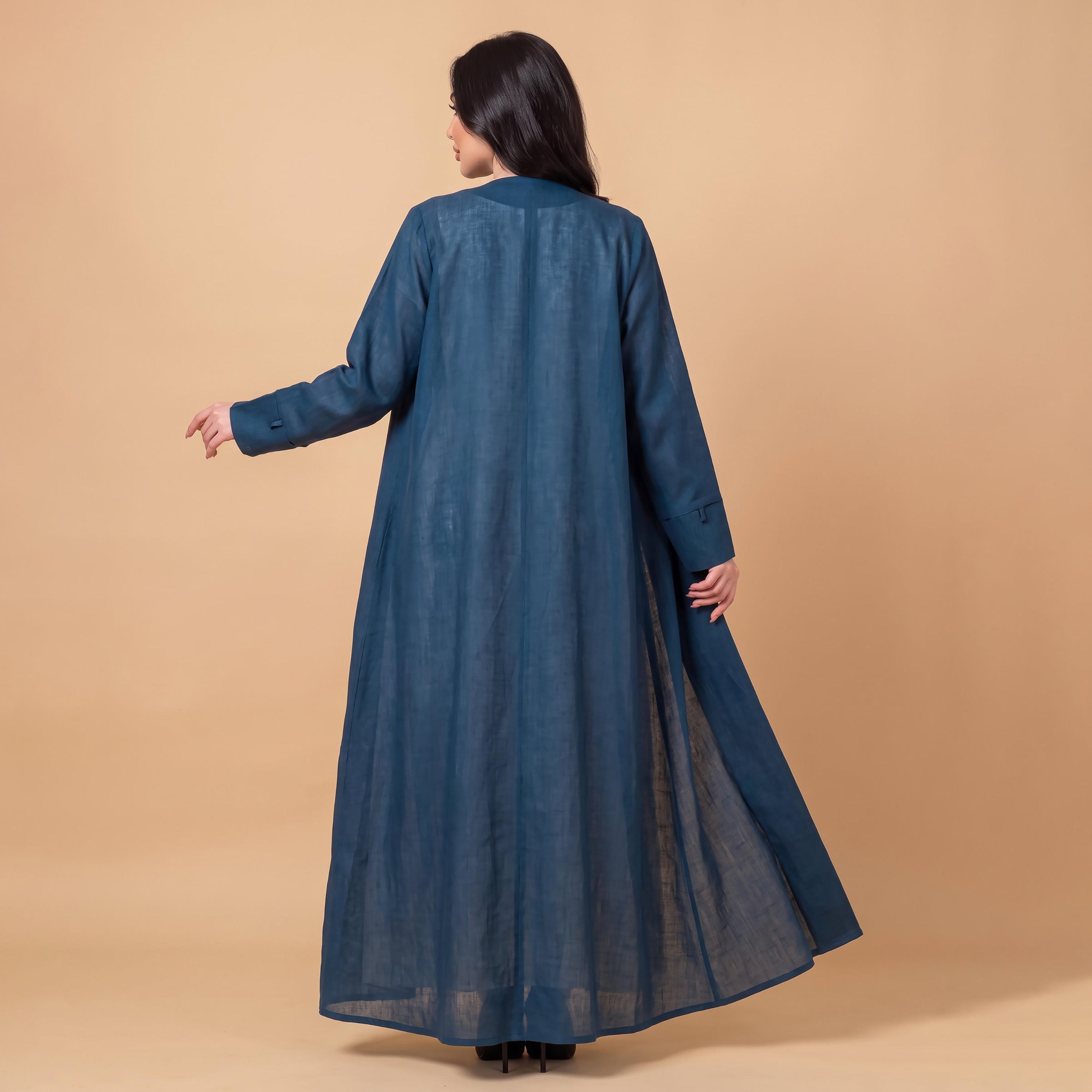 Elegant Hijab Blue Shawl Collar Linen Women's Abaya with Hijab-women-arabicclothing-abayas-image-4