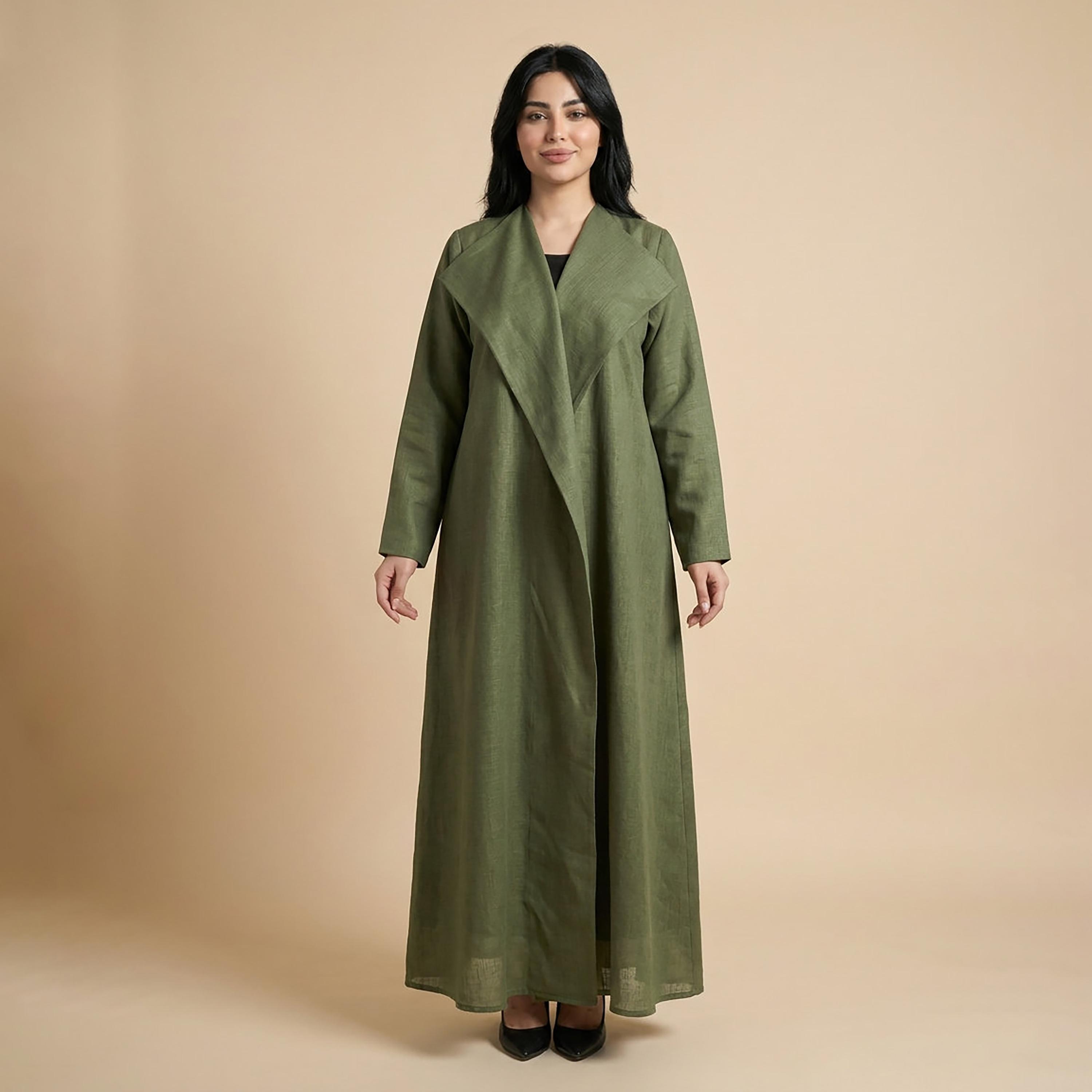 Elegant Hijab Olive Shawl Collar Linen Women's Abaya with Hijab-women-arabicclothing-abayas-image-1