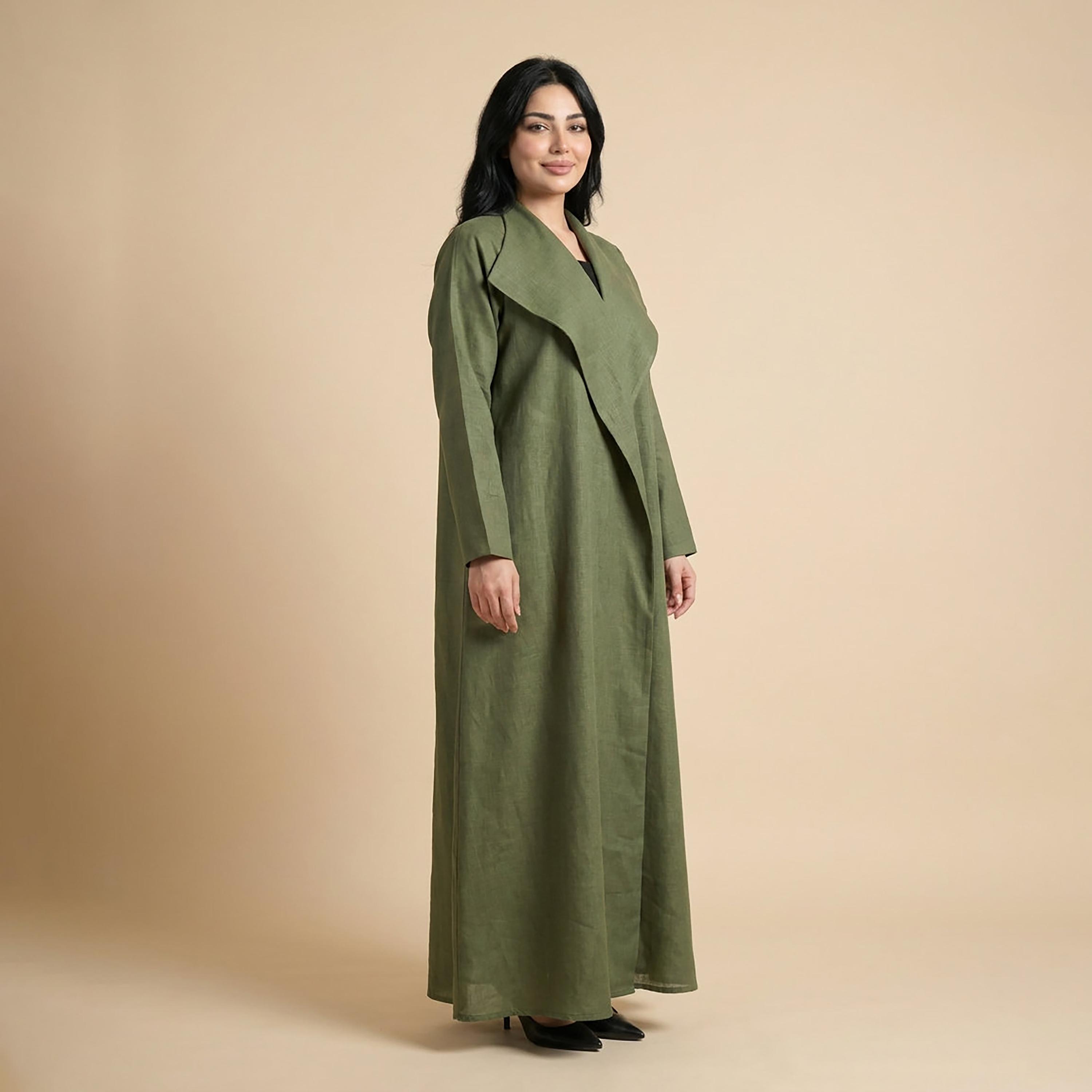 Elegant Hijab Olive Shawl Collar Linen Women's Abaya with Hijab-women-arabicclothing-abayas-image-2