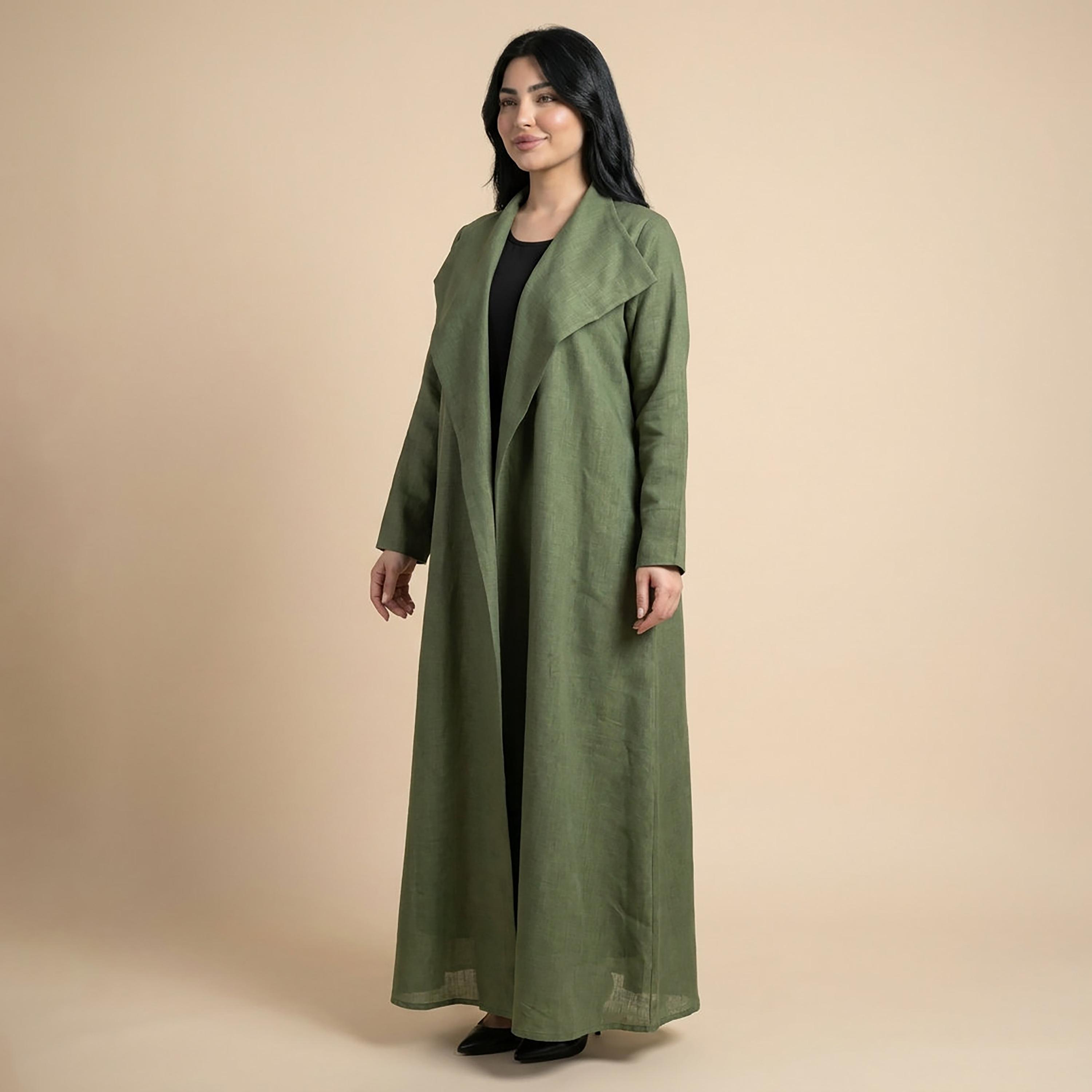 Elegant Hijab Olive Shawl Collar Linen Women's Abaya with Hijab-women-arabicclothing-abayas-image-3