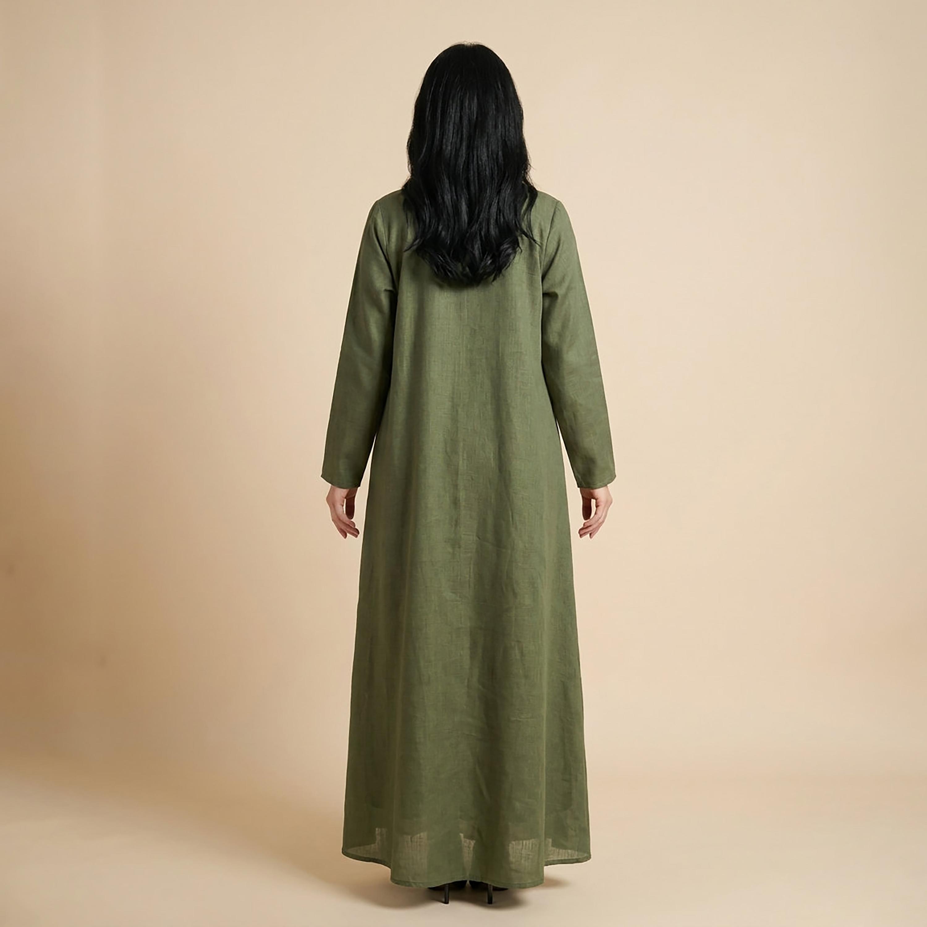 Elegant Hijab Olive Shawl Collar Linen Women's Abaya with Hijab-women-arabicclothing-abayas-image-4