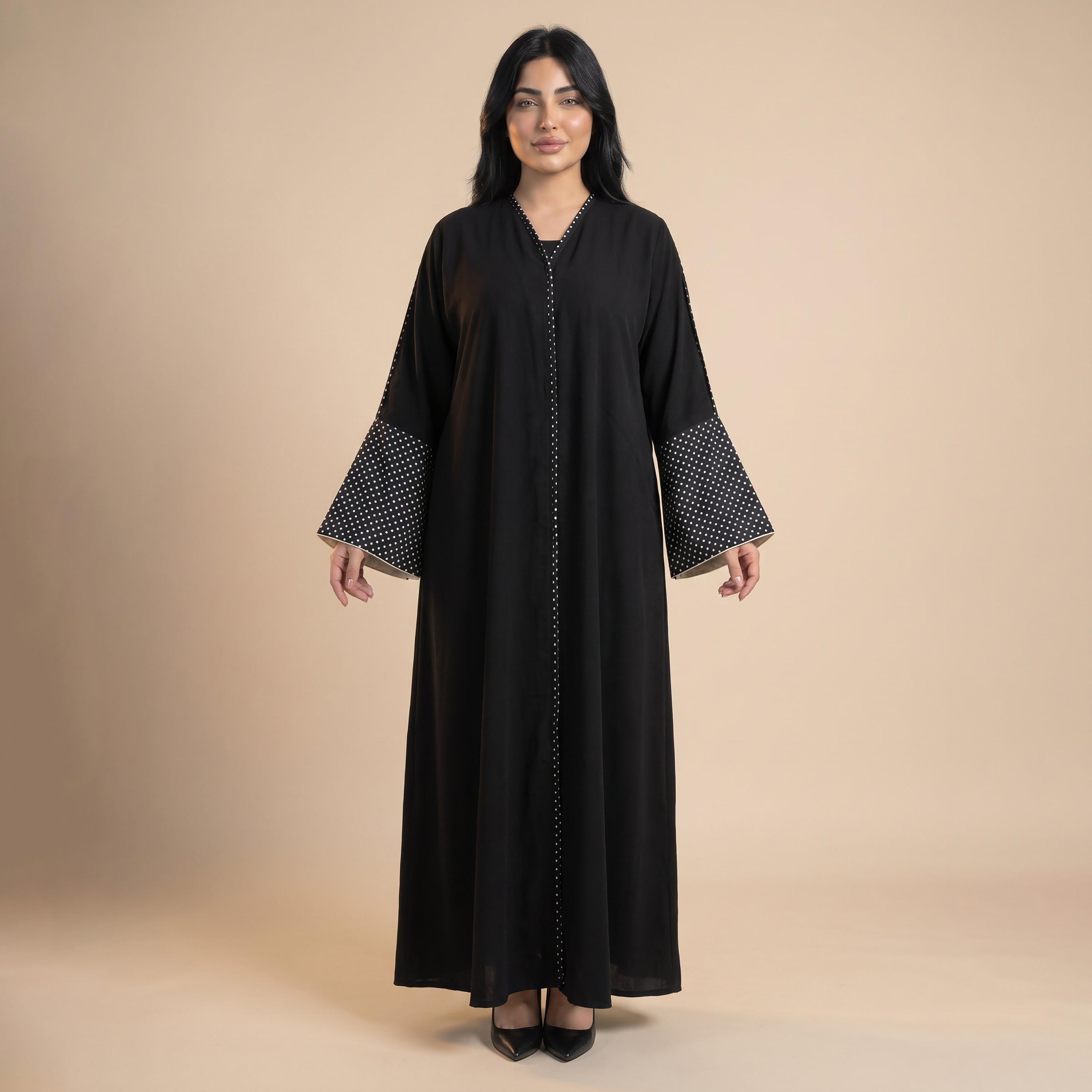 Elegant Hijab Black Polka Dot Bell Sleeves Crepe Women's Abaya with Hijab-women-arabicclothing-abayas-image-1