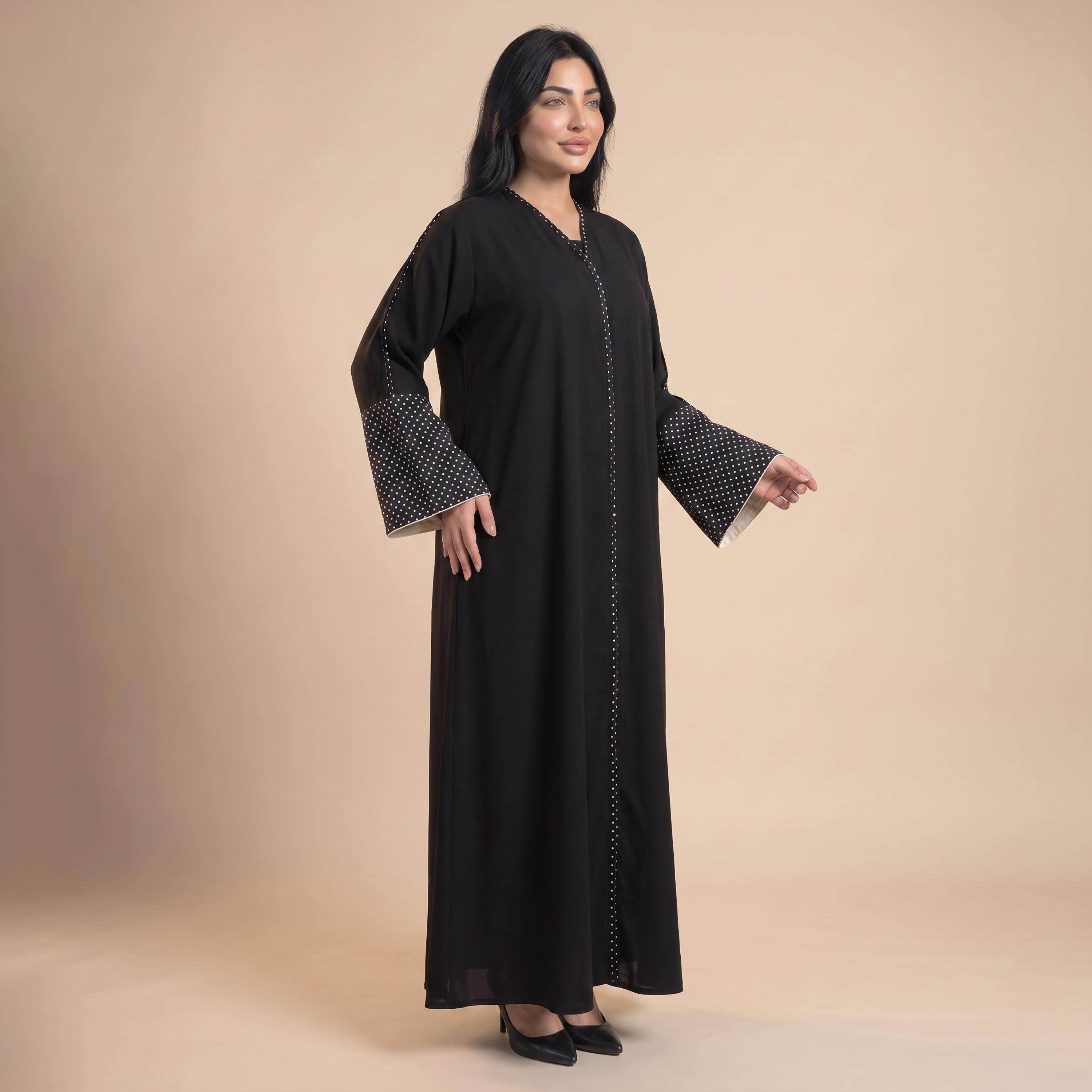 Elegant Hijab Black Polka Dot Bell Sleeves Crepe Women's Abaya with Hijab-women-arabicclothing-abayas-image-2