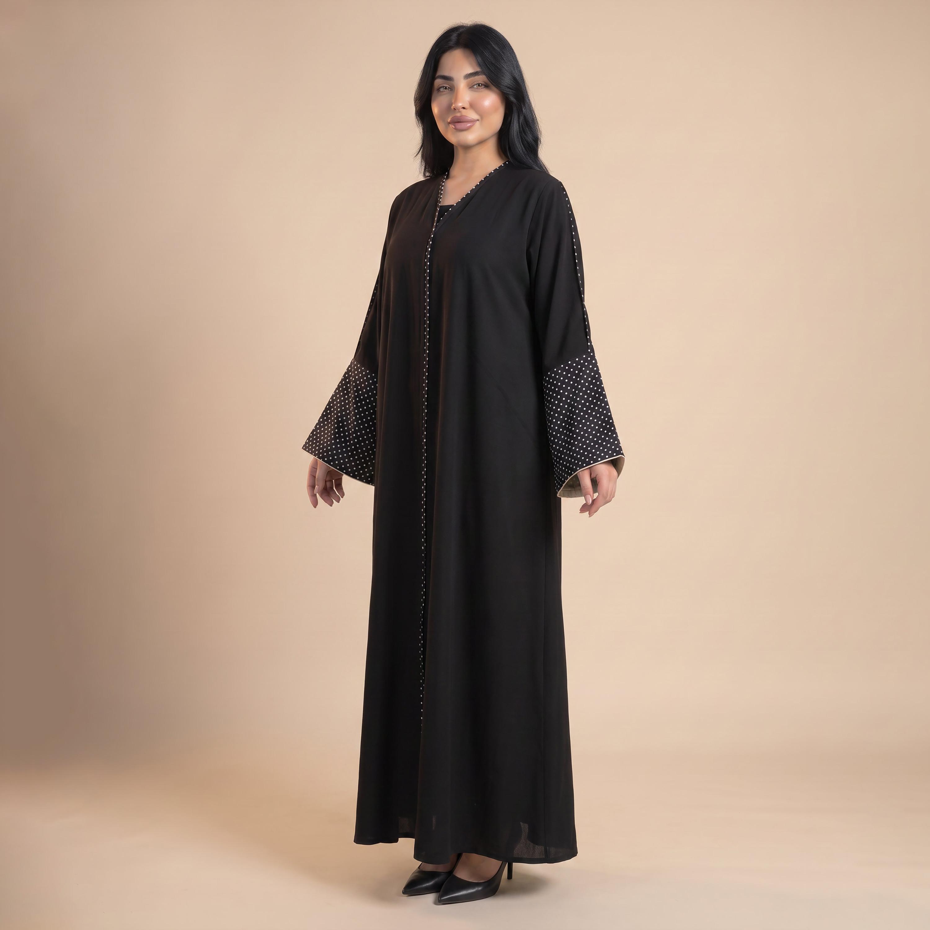 Elegant Hijab Black Polka Dot Bell Sleeves Crepe Women's Abaya with Hijab-women-arabicclothing-abayas-image-3