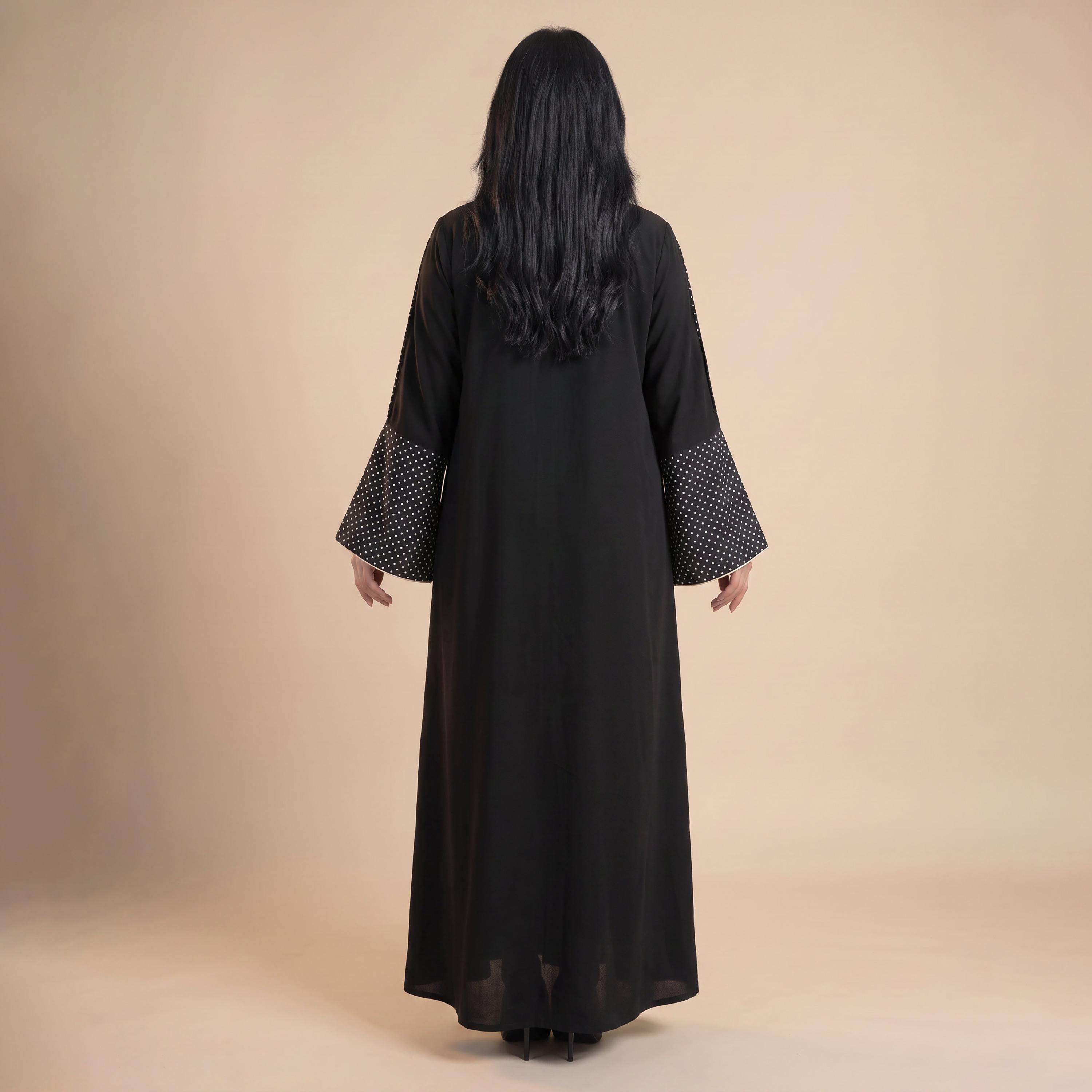 Elegant Hijab Black Polka Dot Bell Sleeves Crepe Women's Abaya with Hijab-women-arabicclothing-abayas-image-4