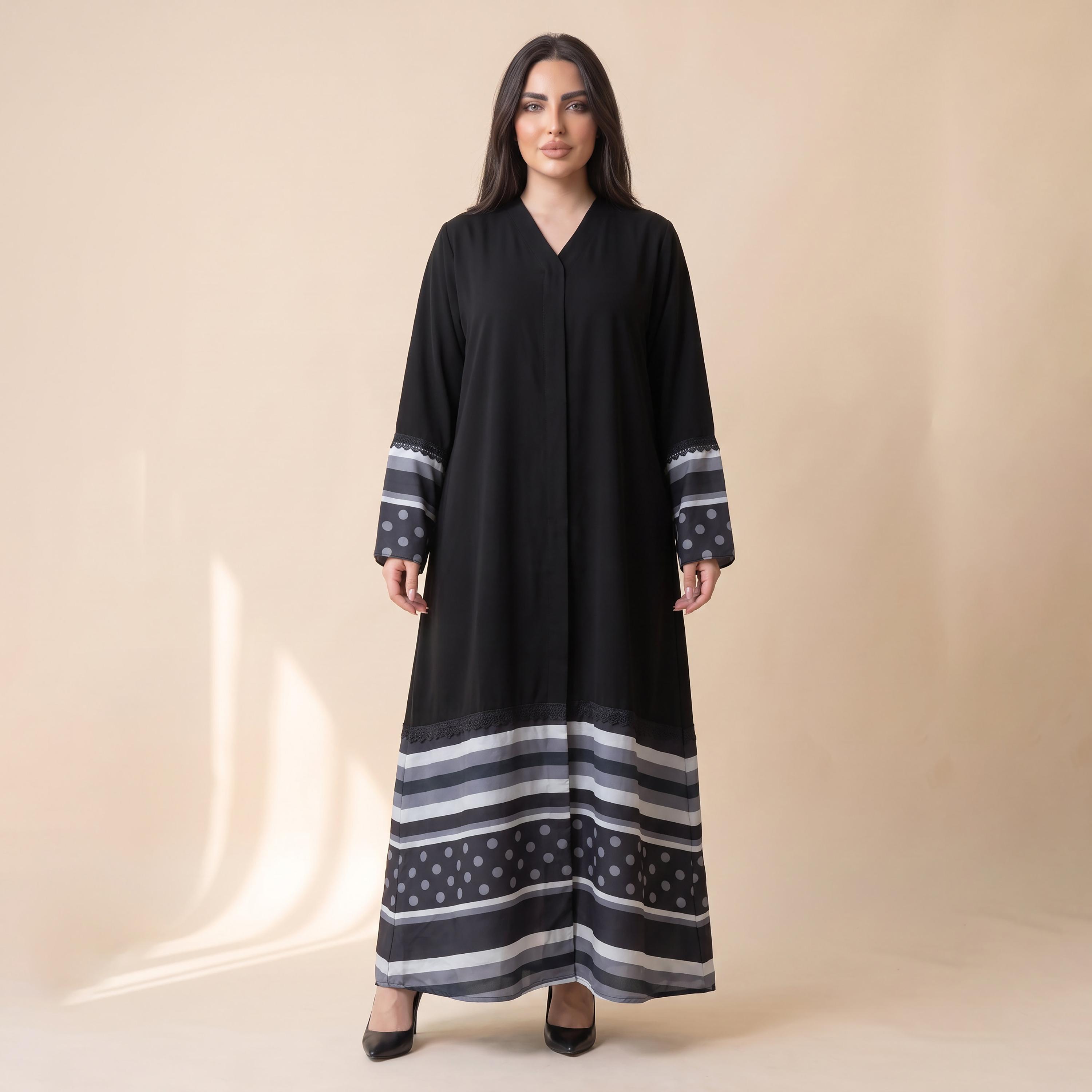 Elegant Hijab Black Polka Dot Striped Chiffon Women's Abaya with Hijab-women-arabicclothing-abayas-image-1