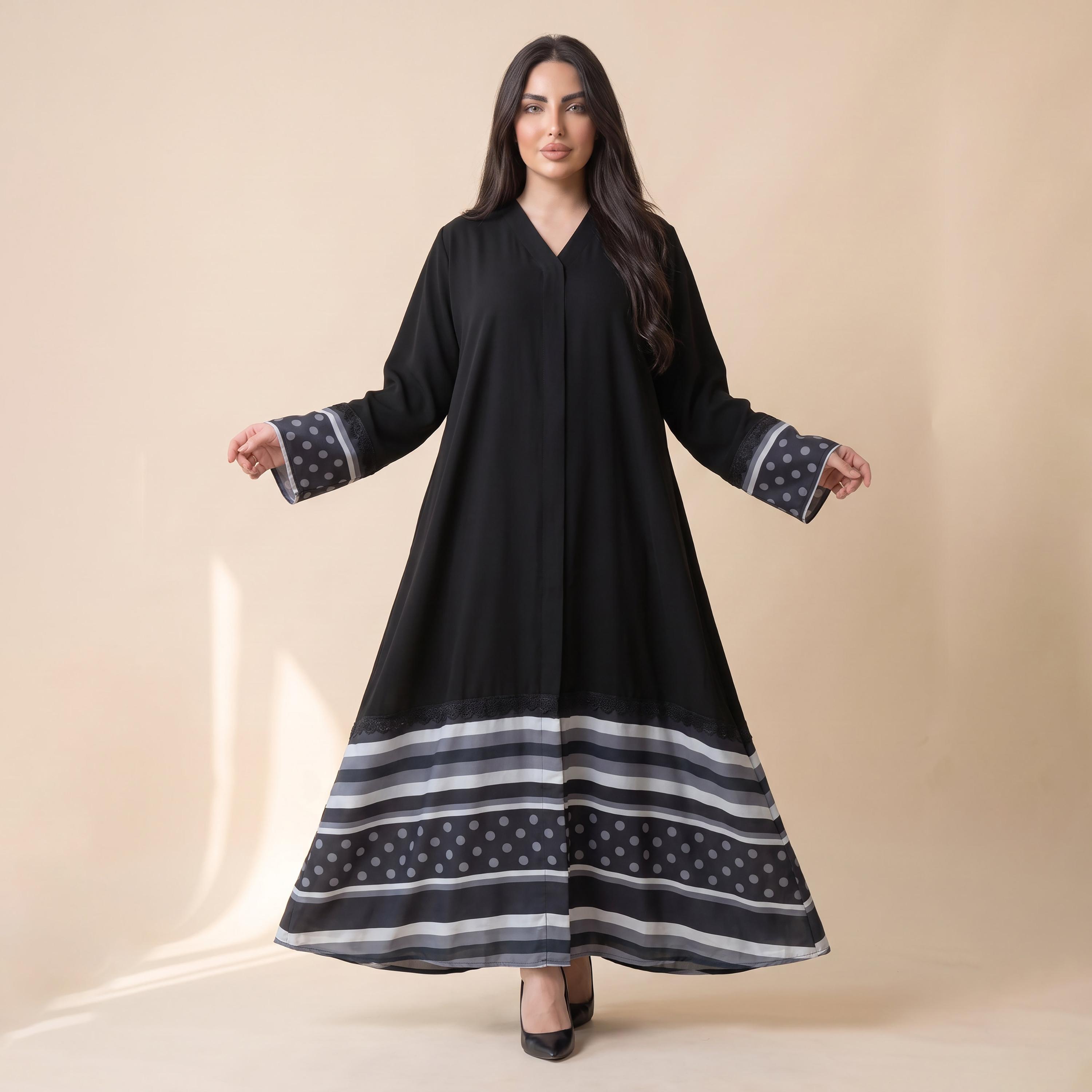 Elegant Hijab Black Polka Dot Striped Chiffon Women's Abaya with Hijab-women-arabicclothing-abayas-image-2