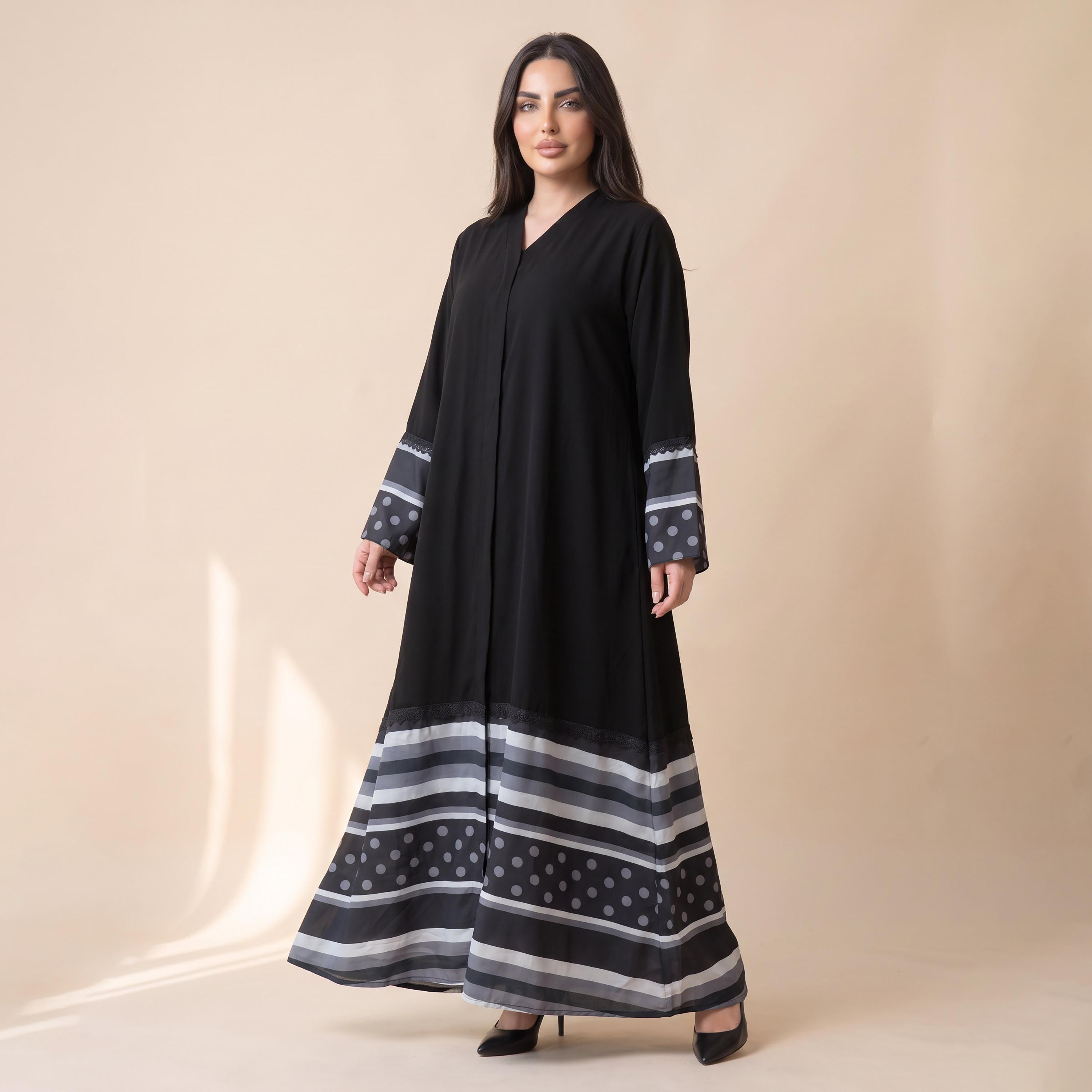 Elegant Hijab Black Polka Dot Striped Chiffon Women's Abaya with Hijab-women-arabicclothing-abayas-image-3