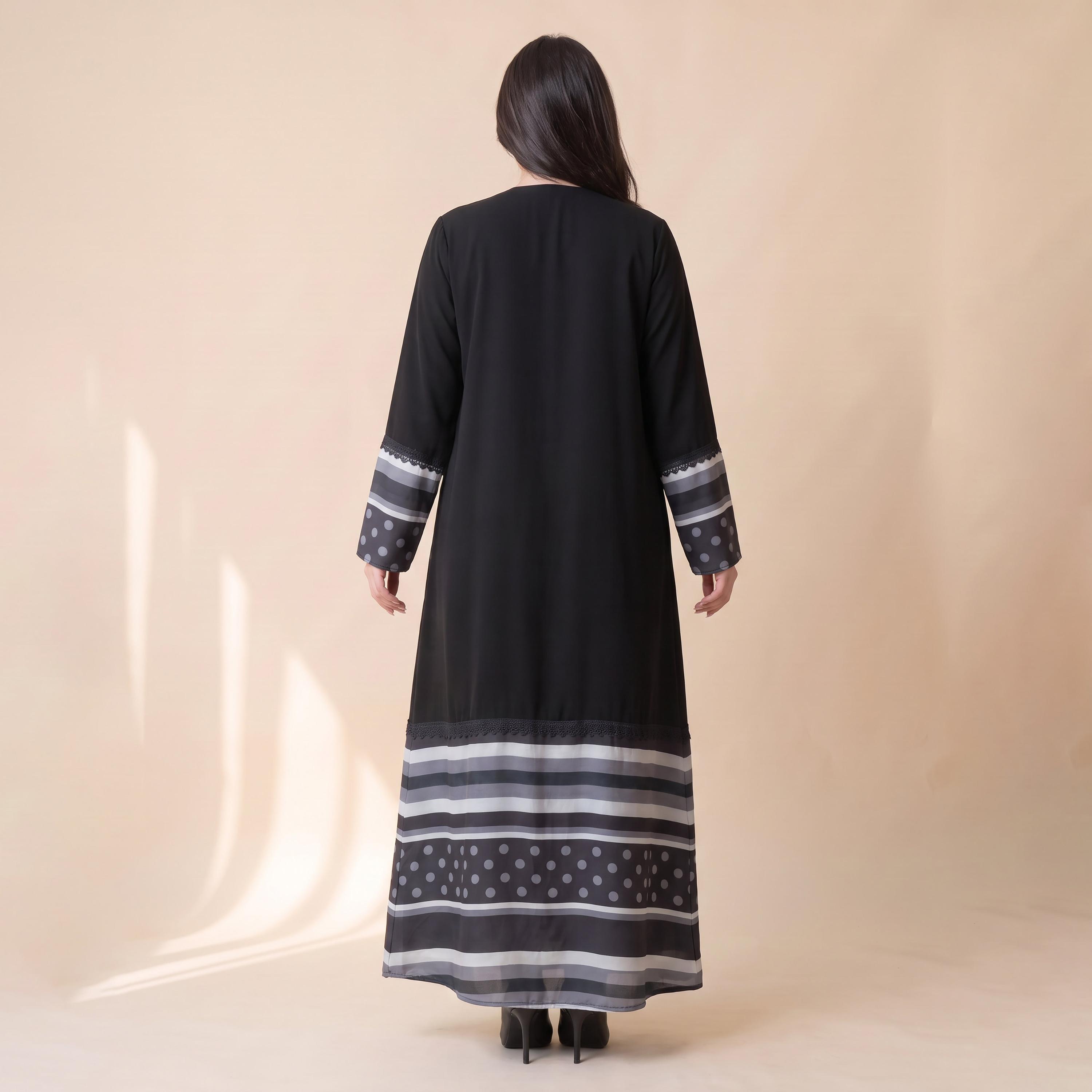 Elegant Hijab Black Polka Dot Striped Chiffon Women's Abaya with Hijab-women-arabicclothing-abayas-image-4