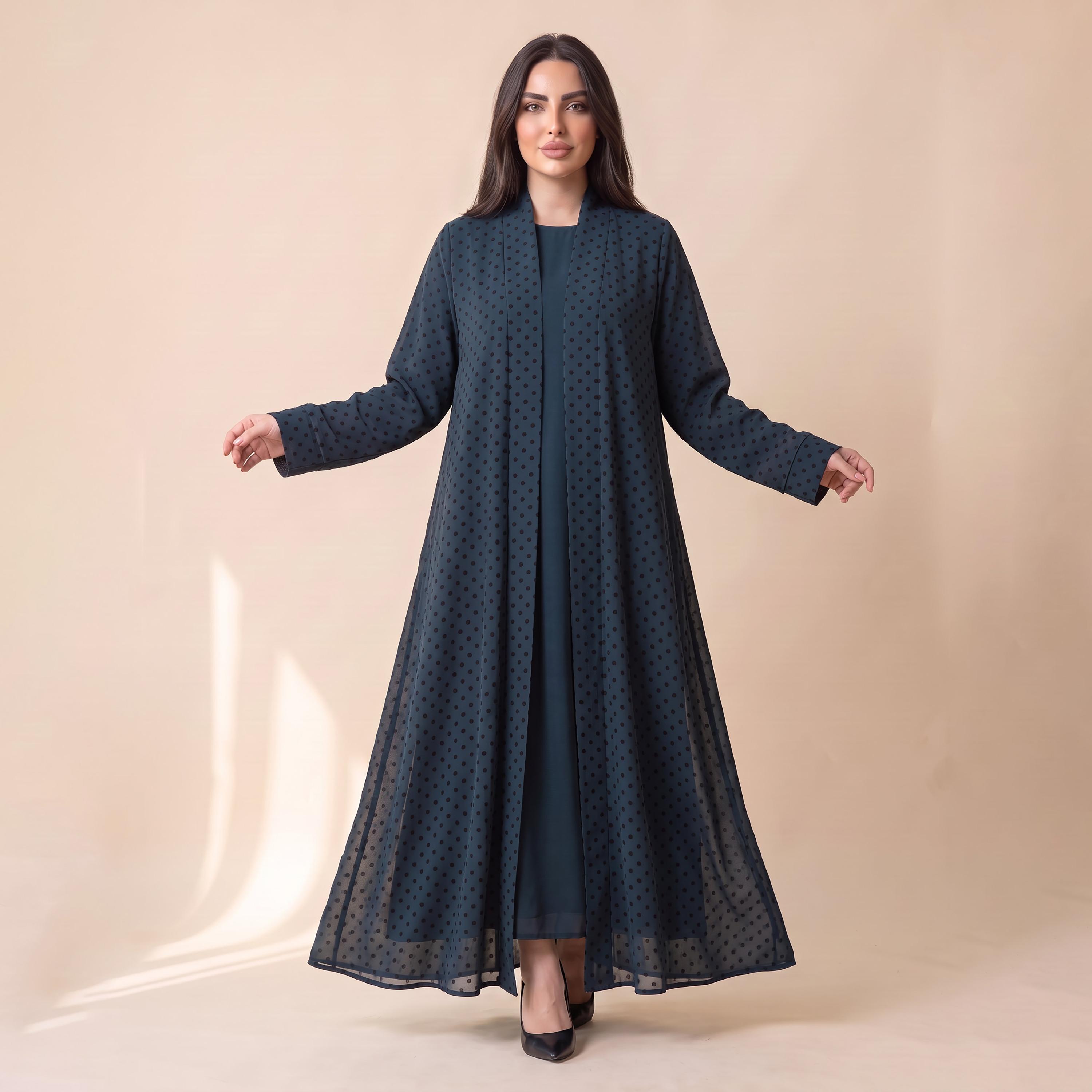 Elegant Hijab Blue Polka Dot Chiffon Women's Abaya with Hijab-women-arabicclothing-abayas-image-2