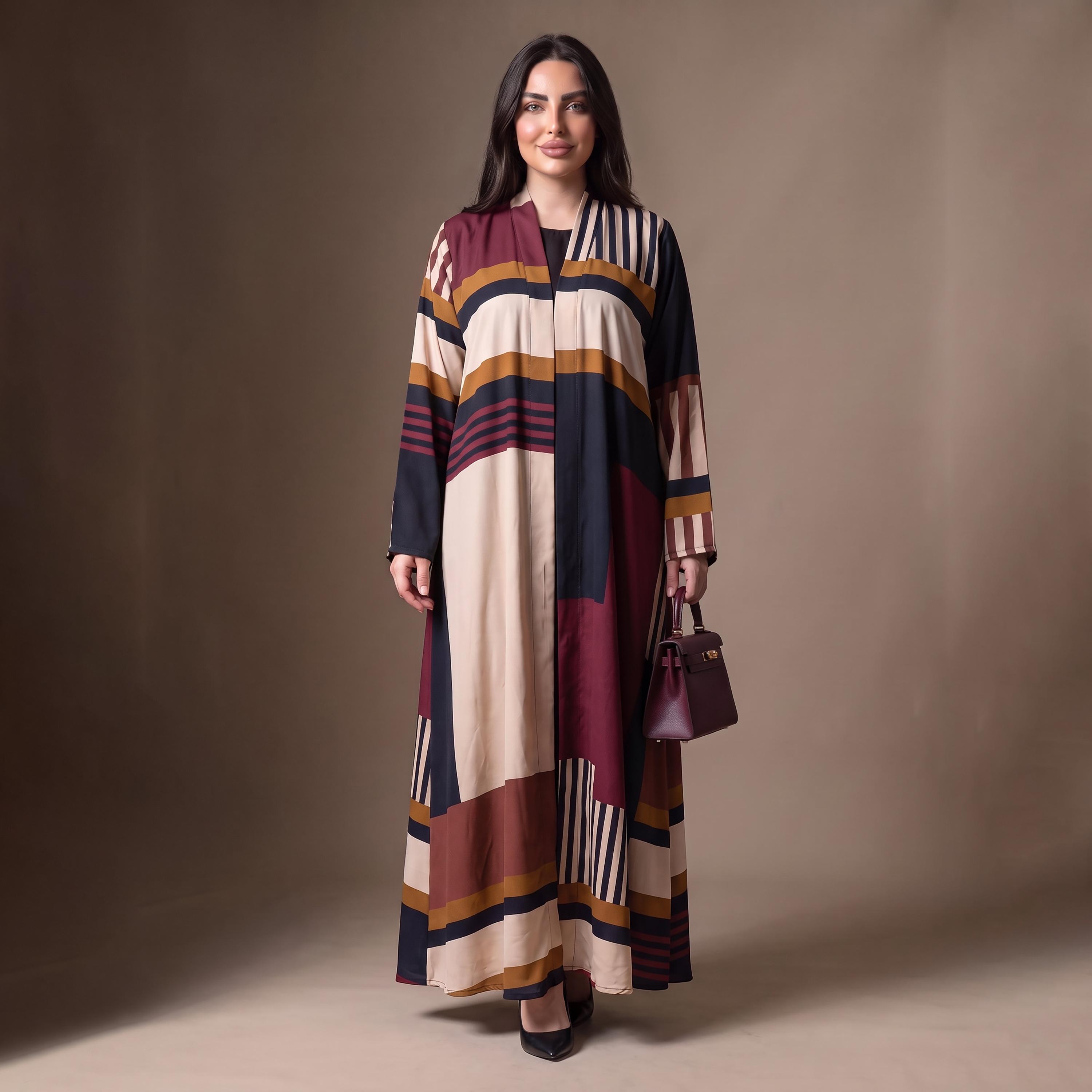 Elegant Hijab Multicolor Striped Chiffon Women's Abaya with Hijab-women-arabicclothing-abayas-image-1