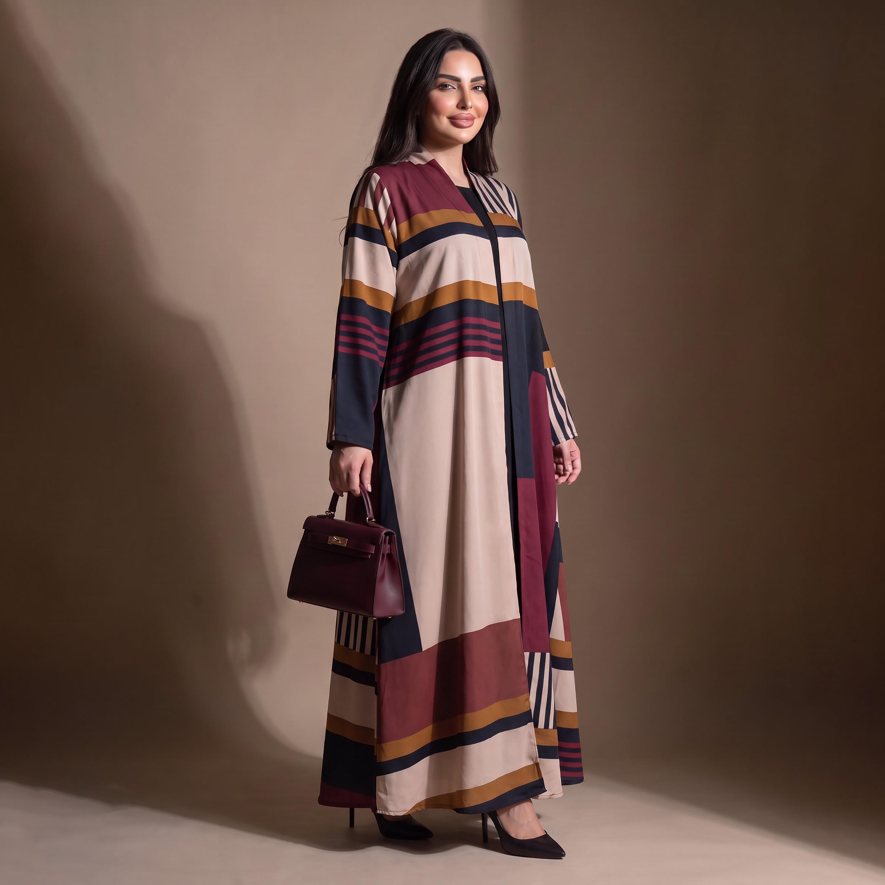 Elegant Hijab Multicolor Striped Chiffon Women's Abaya with Hijab-women-arabicclothing-abayas-image-2