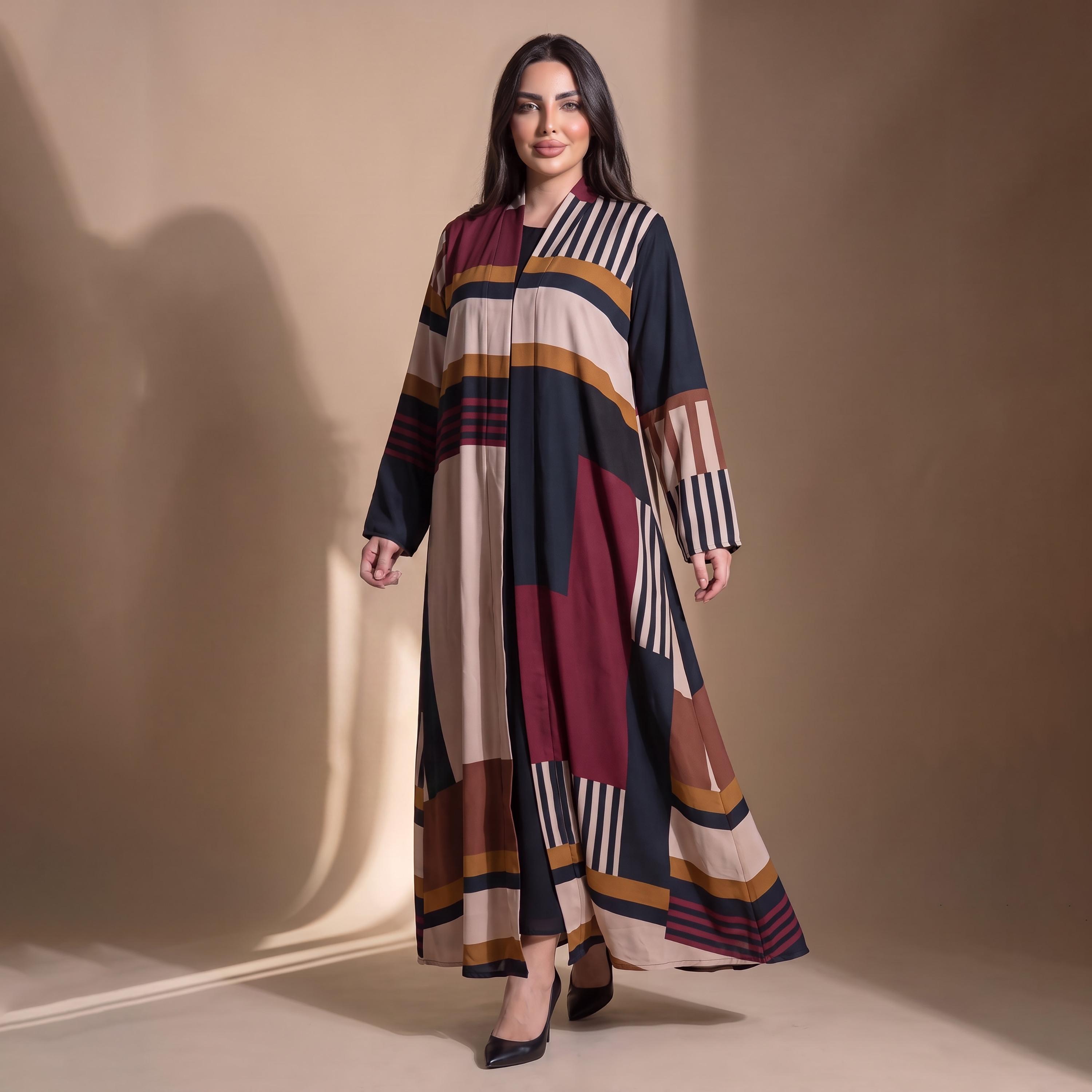 Elegant Hijab Multicolor Striped Chiffon Women's Abaya with Hijab-women-arabicclothing-abayas-image-3