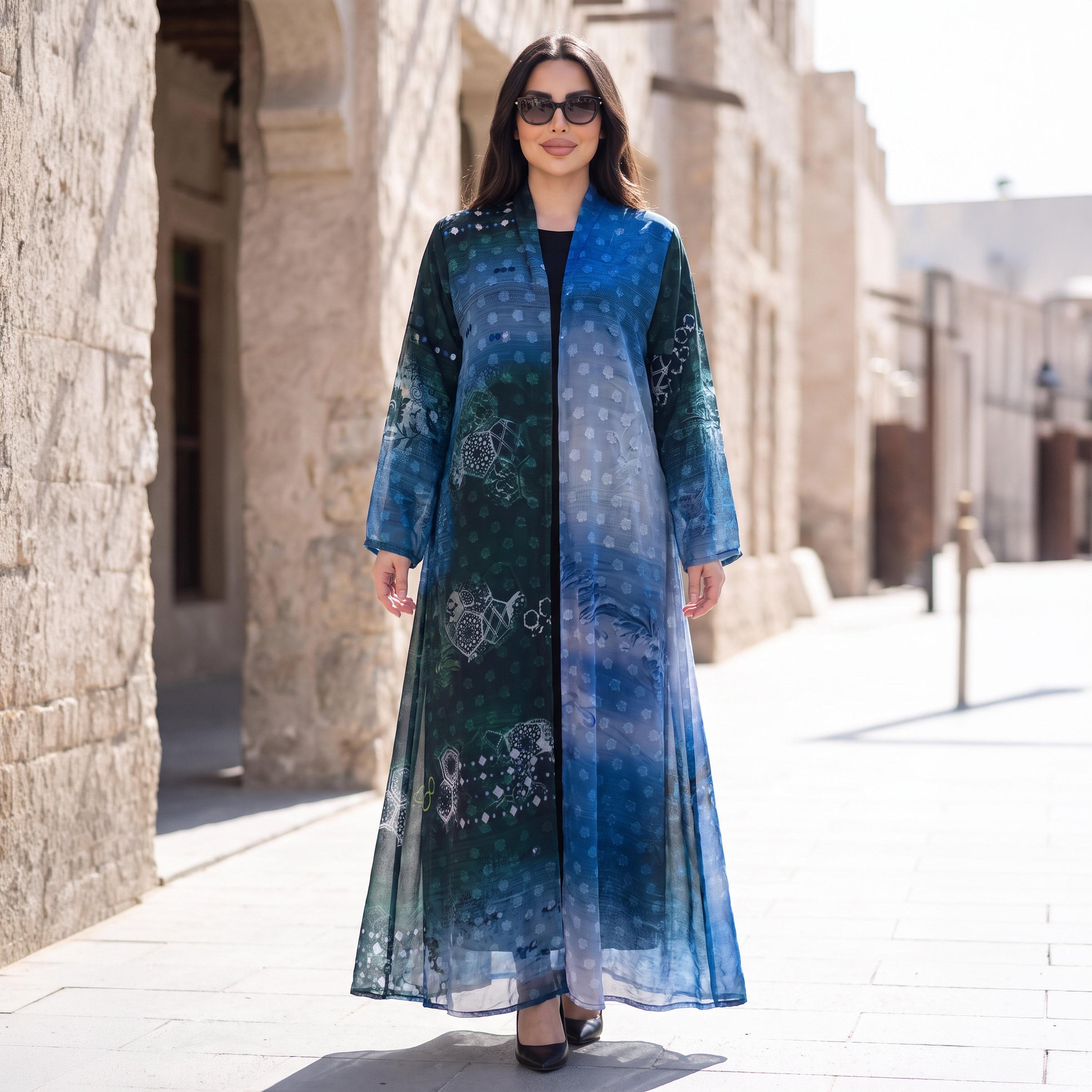Elegant Hijab Blue Geometric Print Chiffon Women's Abaya with Hijab-women-arabicclothing-abayas-image-1