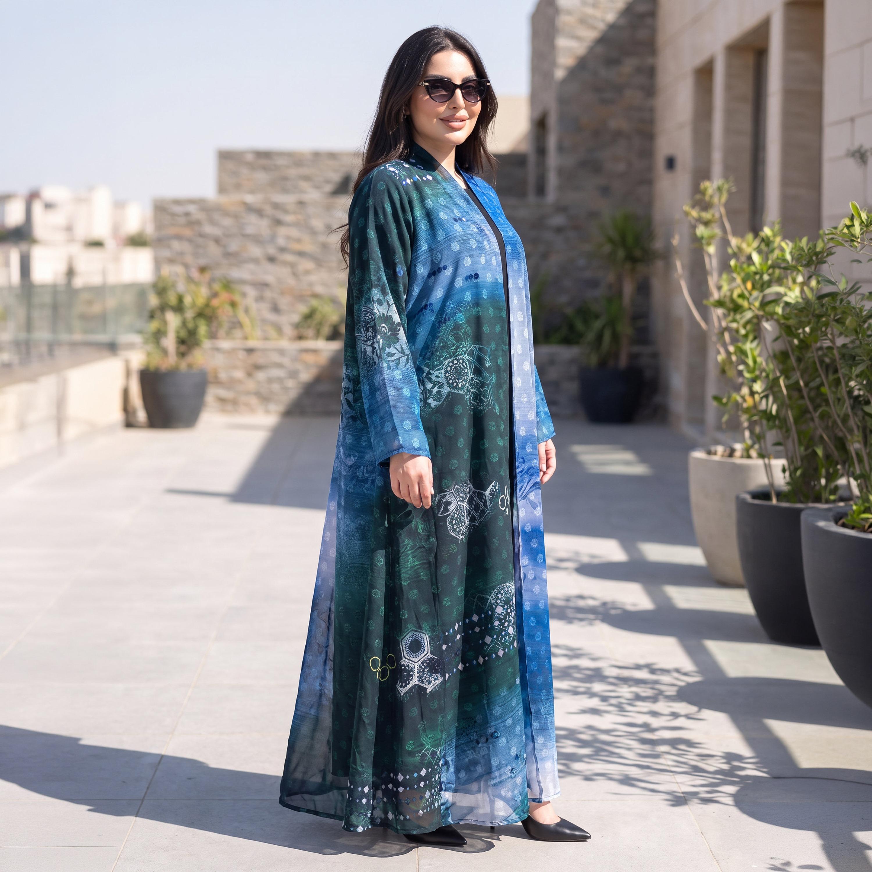 Elegant Hijab Blue Geometric Print Chiffon Women's Abaya with Hijab-women-arabicclothing-abayas-image-2