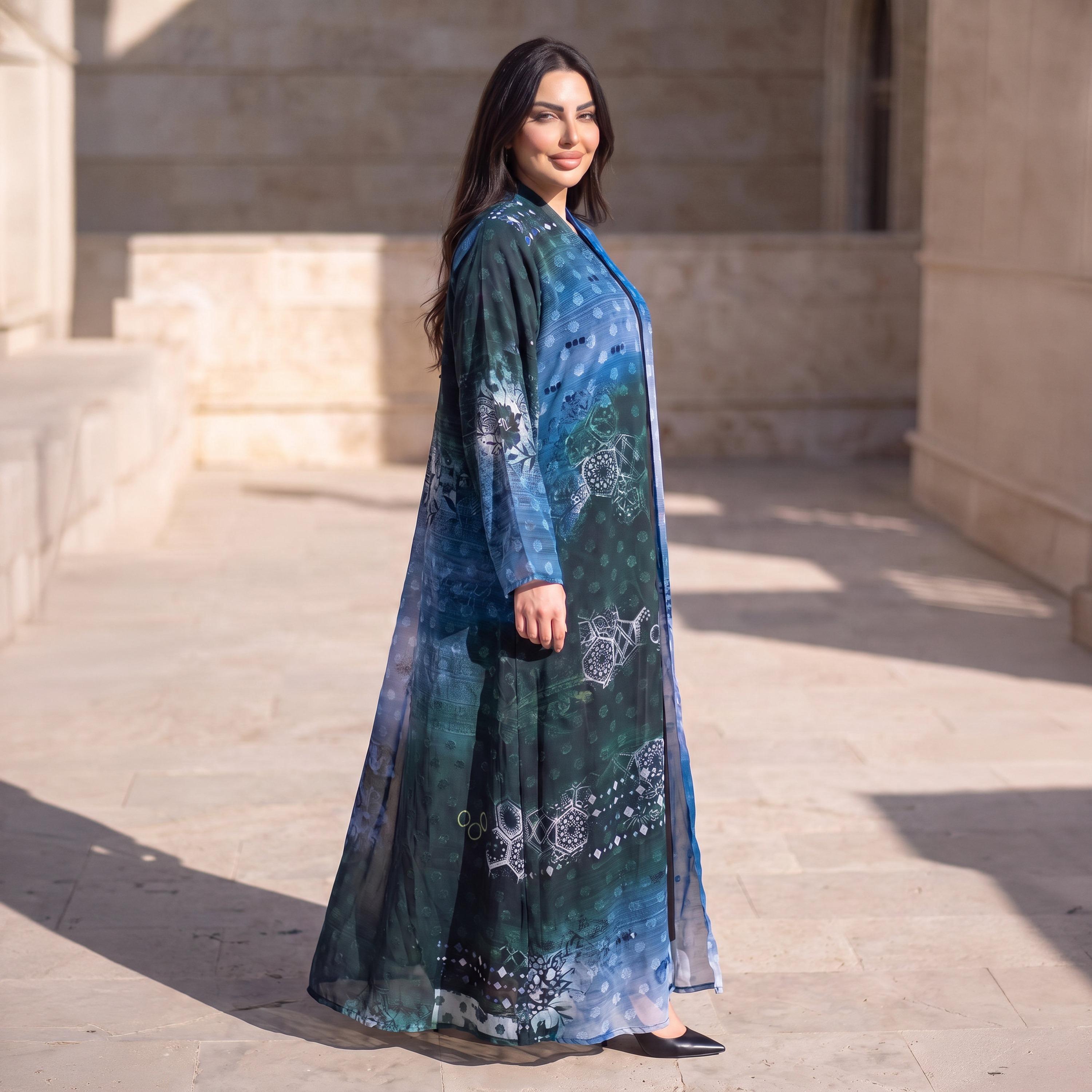 Elegant Hijab Blue Geometric Print Chiffon Women's Abaya with Hijab-women-arabicclothing-abayas-image-3