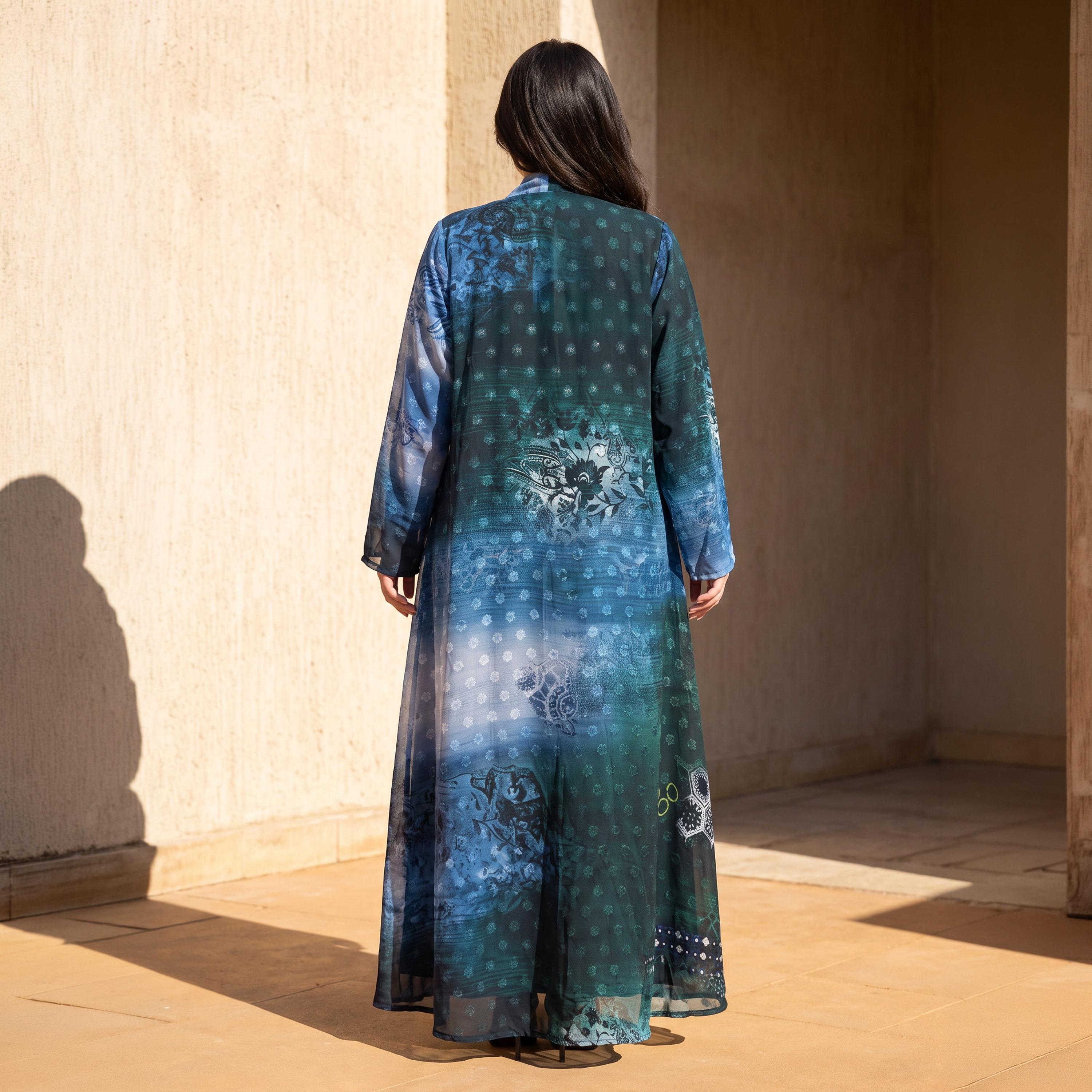 Elegant Hijab Blue Geometric Print Chiffon Women's Abaya with Hijab-women-arabicclothing-abayas-image-4