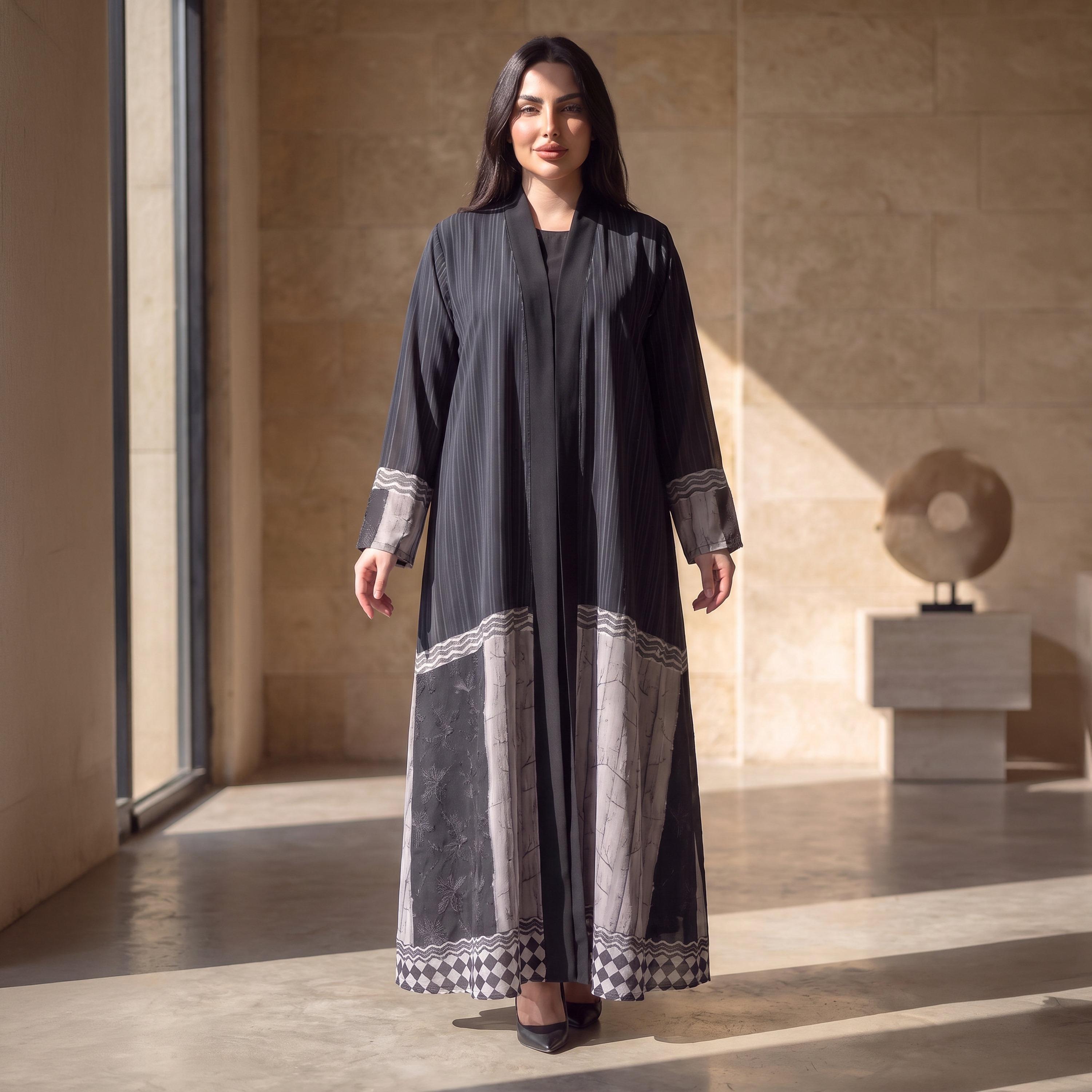 Elegant Hijab Black Striped Chiffon Women's Abaya with Hijab-women-arabicclothing-abayas-image-1