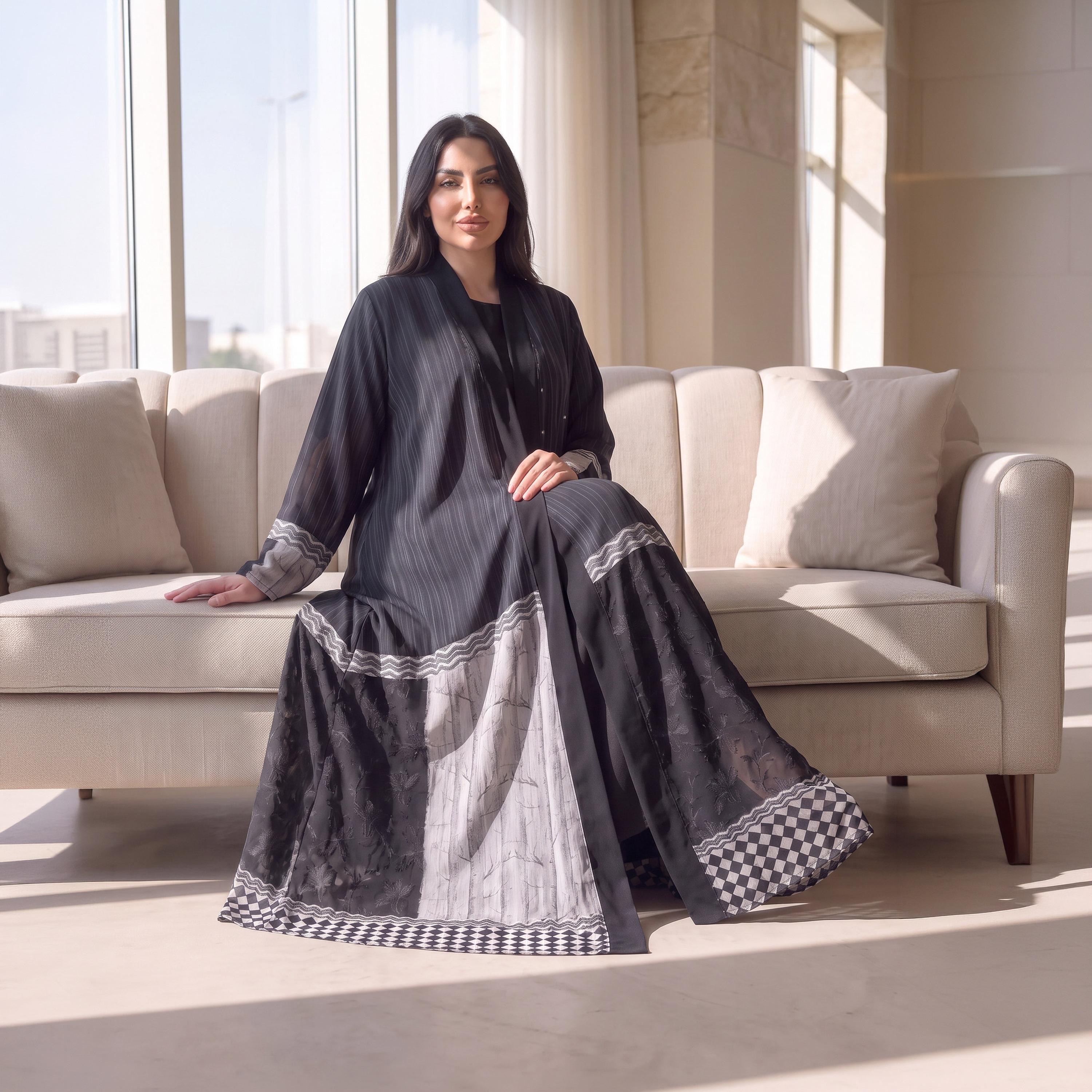 Elegant Hijab Black Striped Chiffon Women's Abaya with Hijab-women-arabicclothing-abayas-image-3