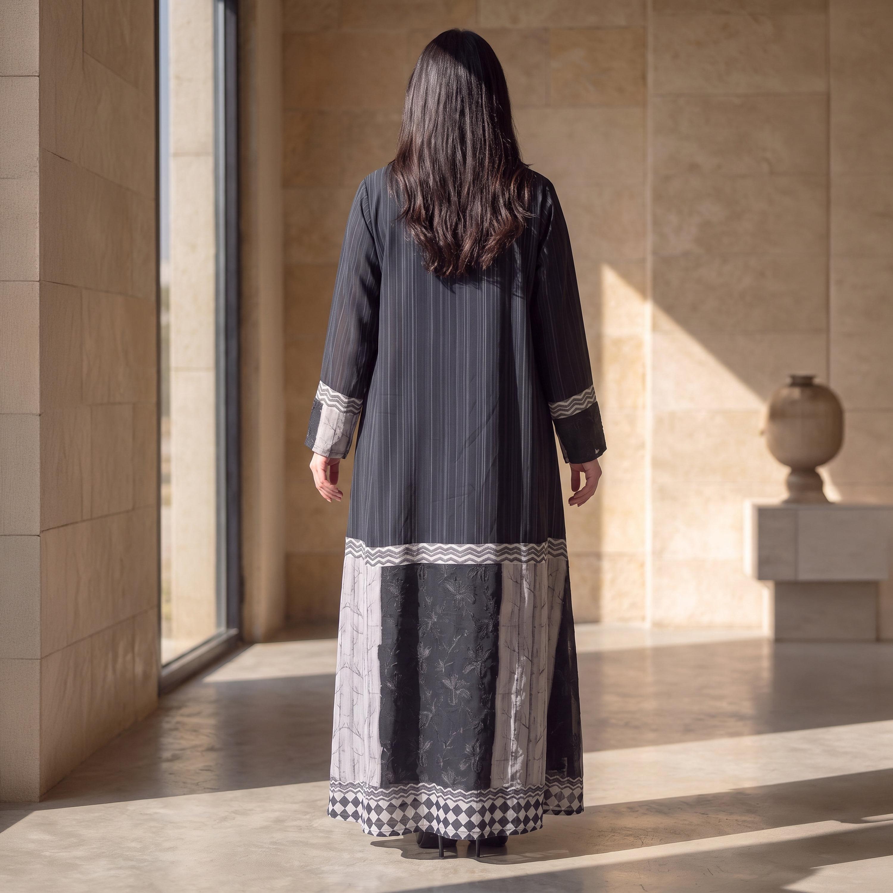 Elegant Hijab Black Striped Chiffon Women's Abaya with Hijab-women-arabicclothing-abayas-image-4