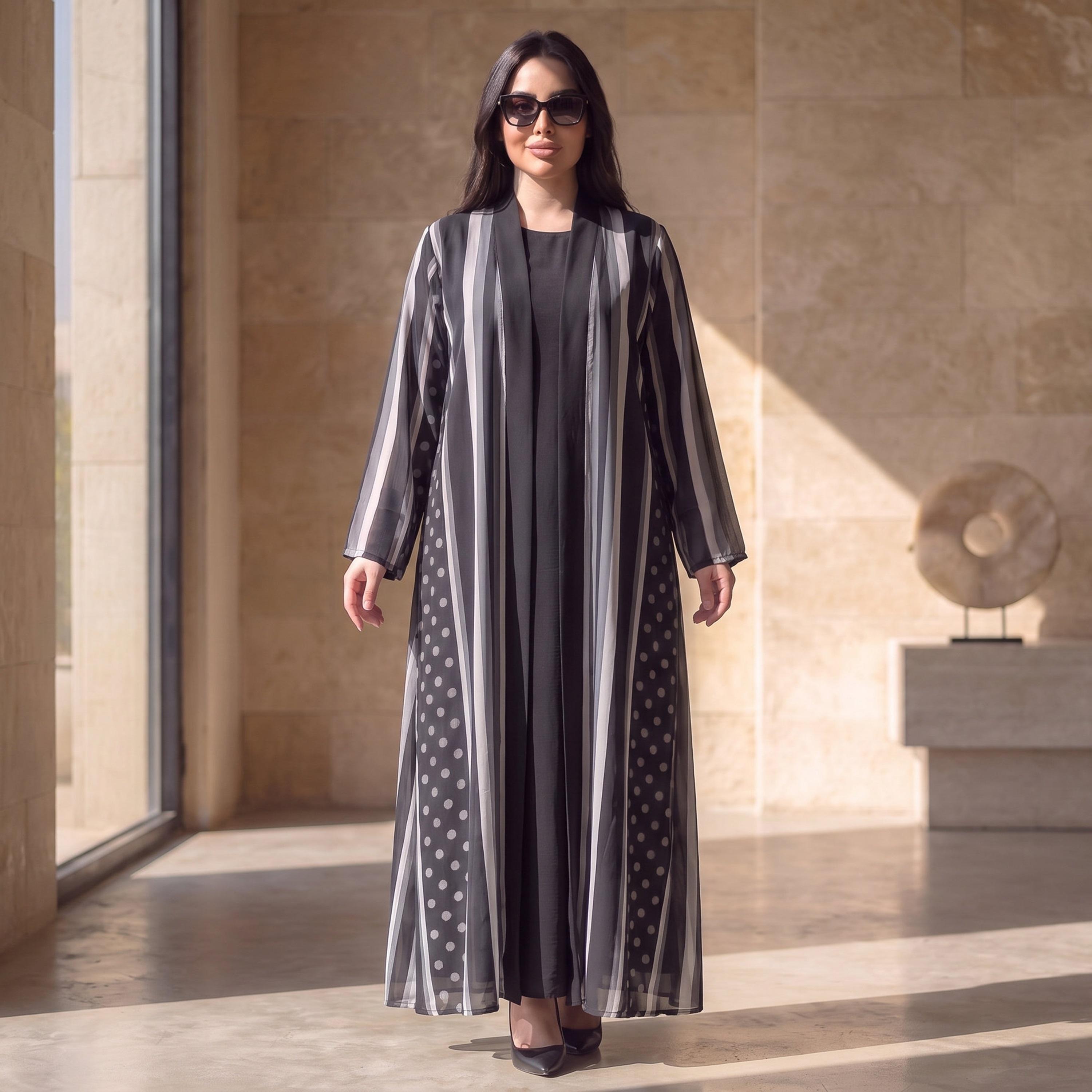 Elegant Hijab Black Polka Dot Striped Chiffon Women's Abaya with Hijab-women-arabicclothing-abayas-image-1