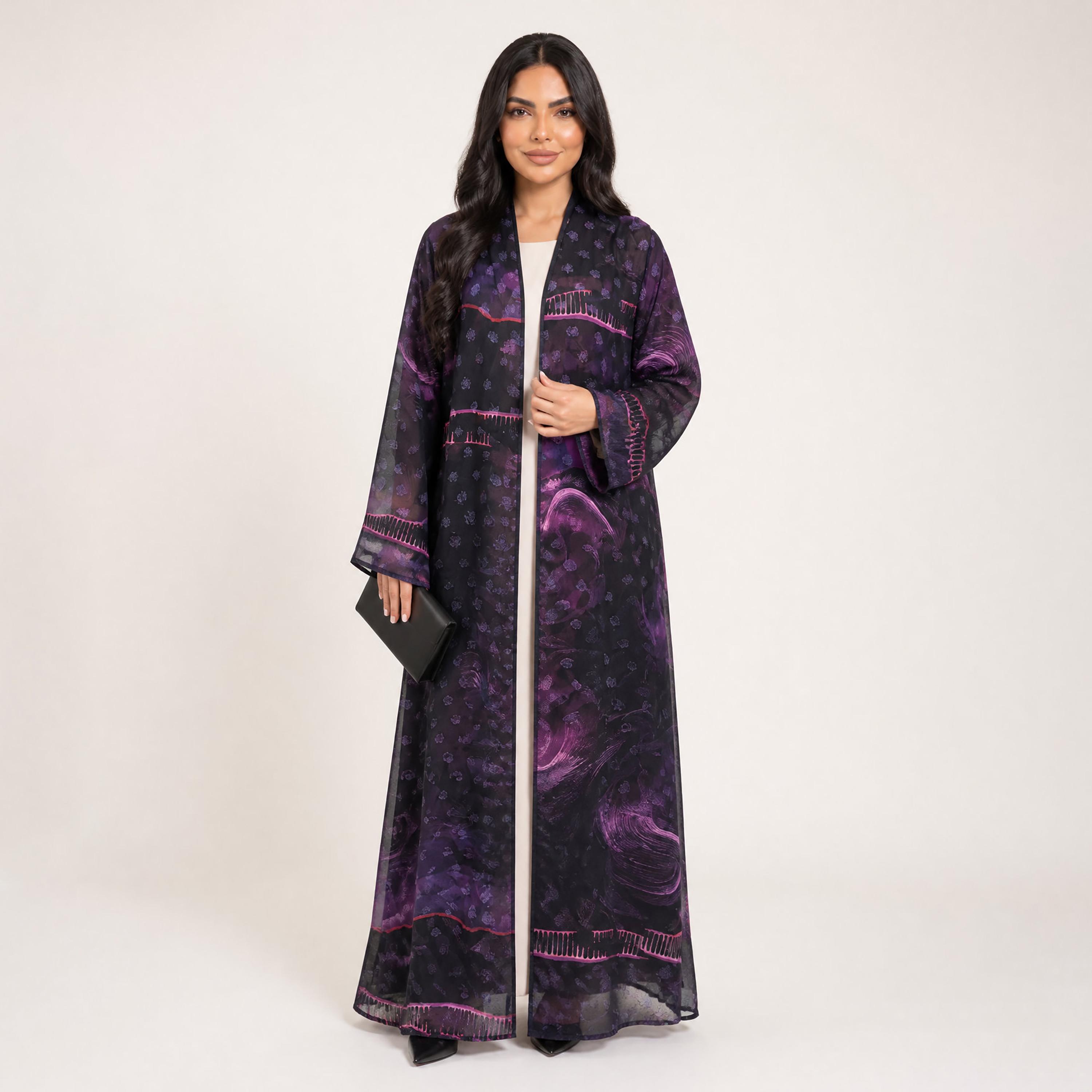 Elegant Hijab Purple Floral Print Chiffon Women's Abaya with Hijab-women-arabicclothing-abayas-image-1