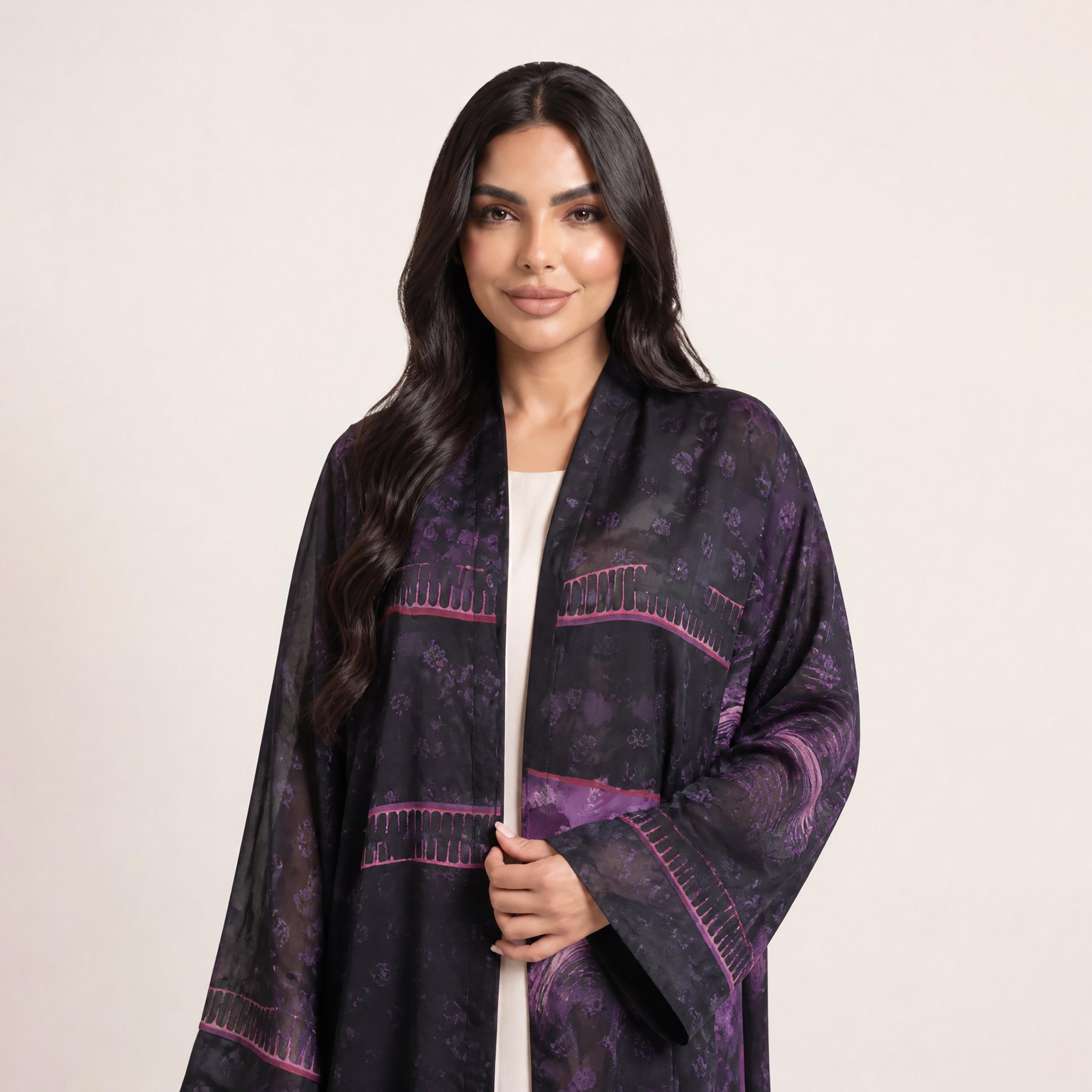 Elegant Hijab Purple Floral Print Chiffon Women's Abaya with Hijab-women-arabicclothing-abayas-image-2