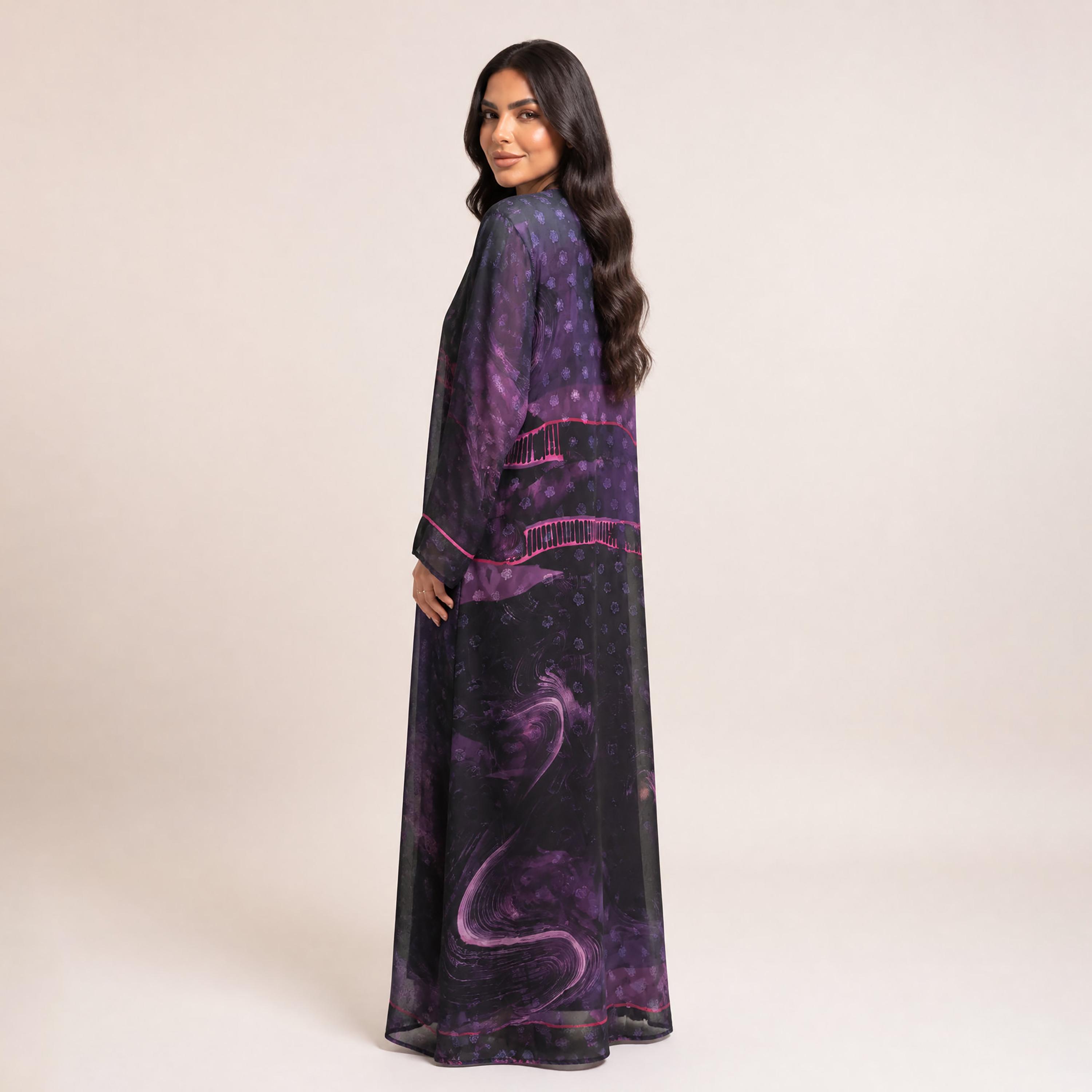 Elegant Hijab Purple Floral Print Chiffon Women's Abaya with Hijab-women-arabicclothing-abayas-image-3