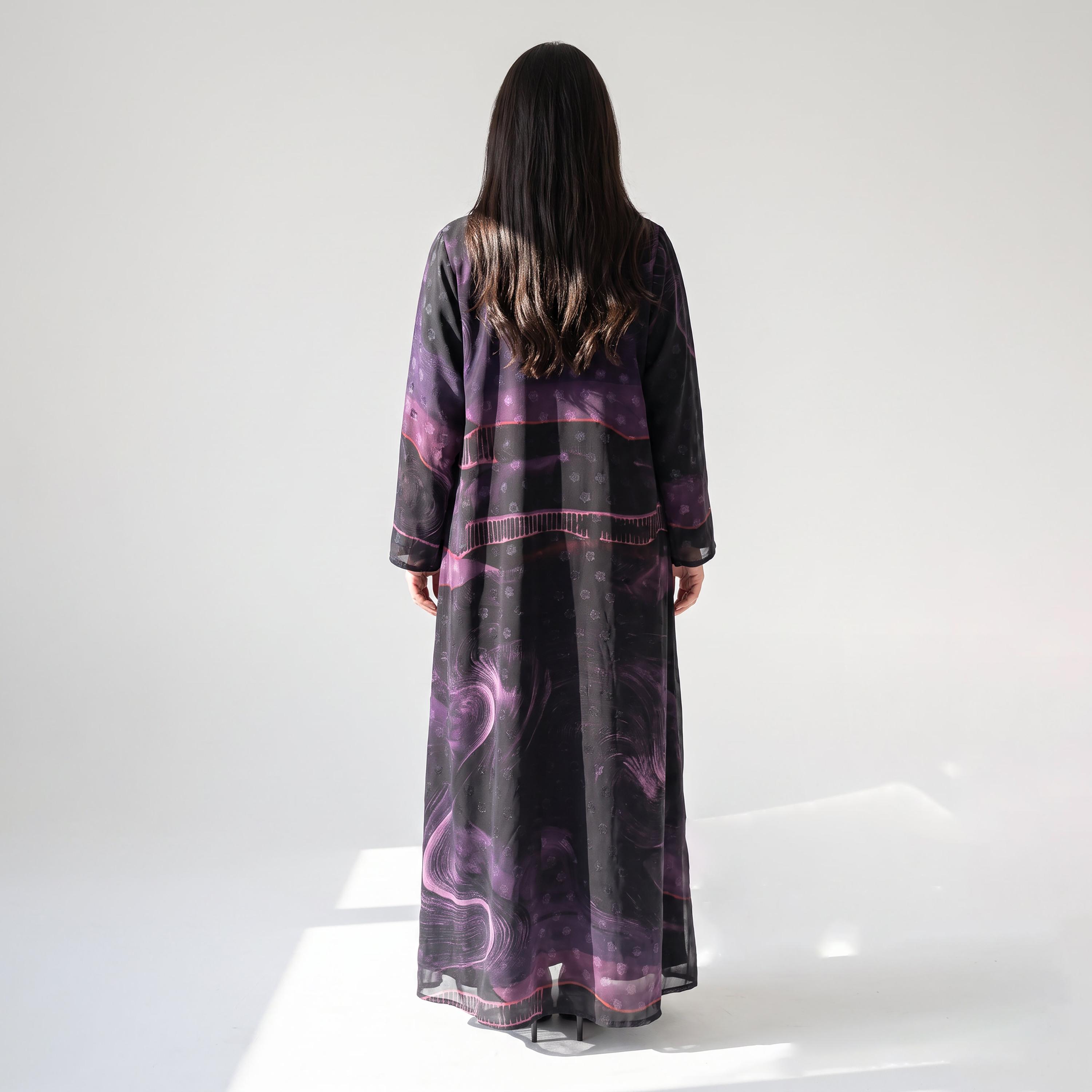 Elegant Hijab Purple Floral Print Chiffon Women's Abaya with Hijab-women-arabicclothing-abayas-image-4