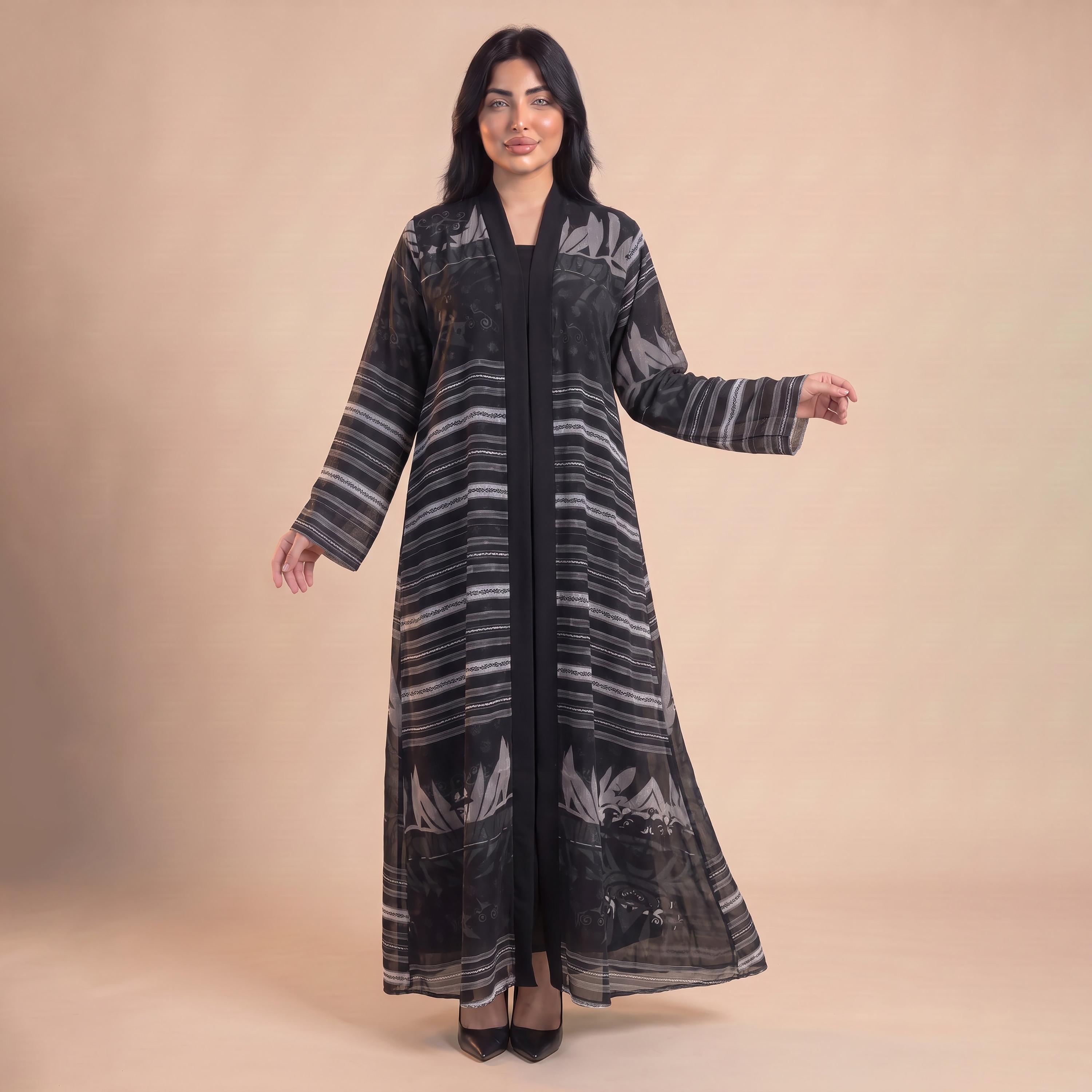 Elegant Hijab Black Striped Chiffon Women's Abaya with Hijab-women-arabicclothing-abayas-image-1
