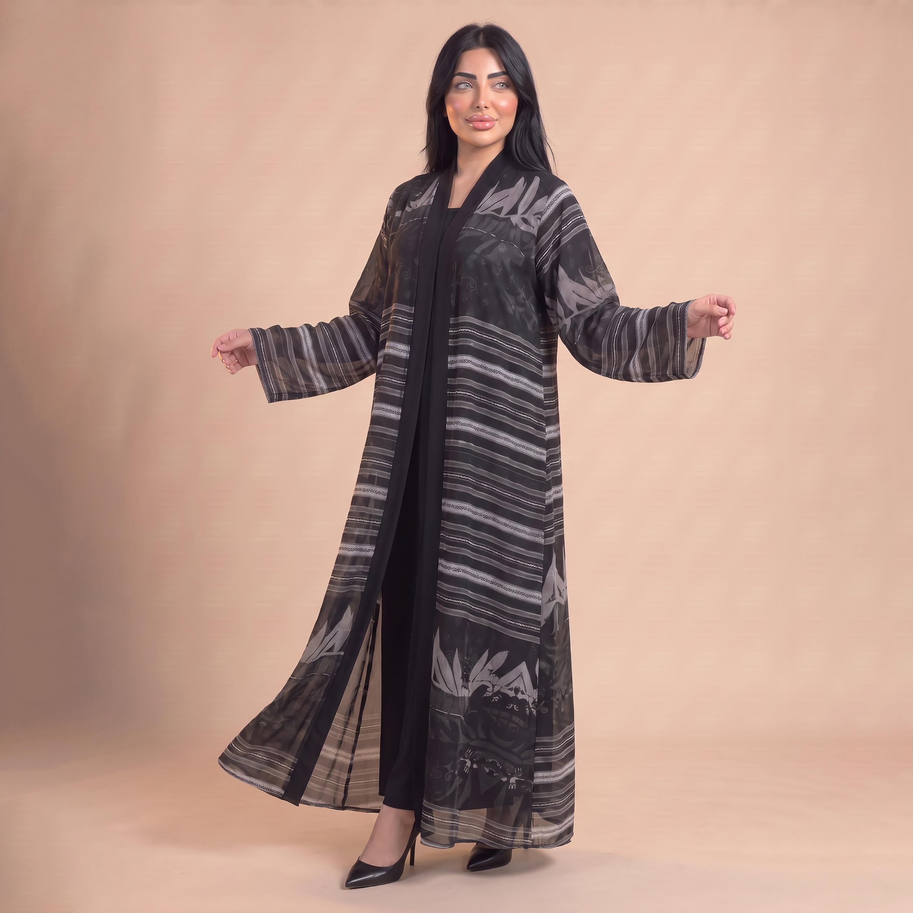 Elegant Hijab Black Striped Chiffon Women's Abaya with Hijab-women-arabicclothing-abayas-image-2